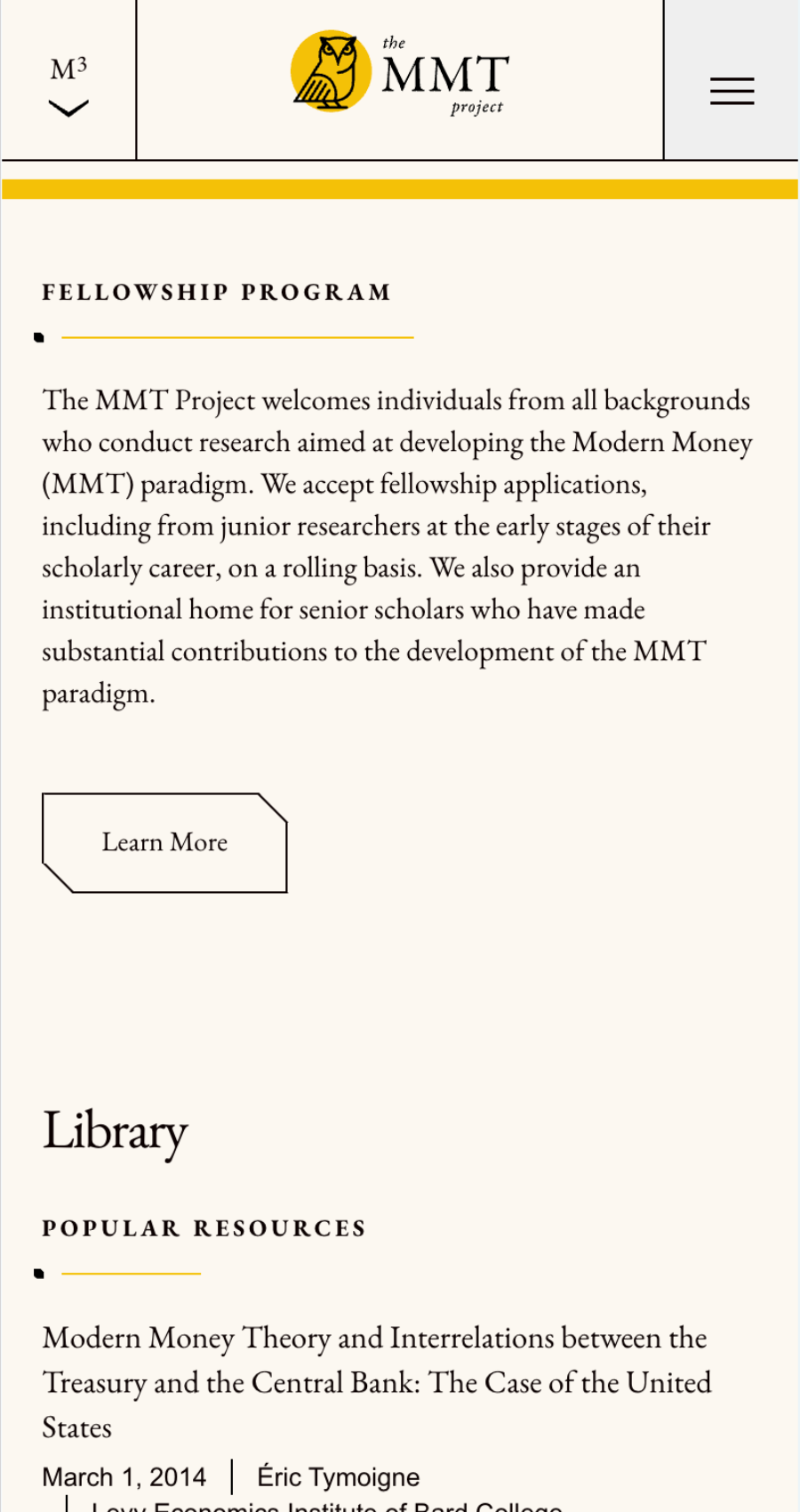 Screenshot of The MMT Project’s economic development website design, featuring details about their fellowship program and a popular resource on Modern Money Theory.