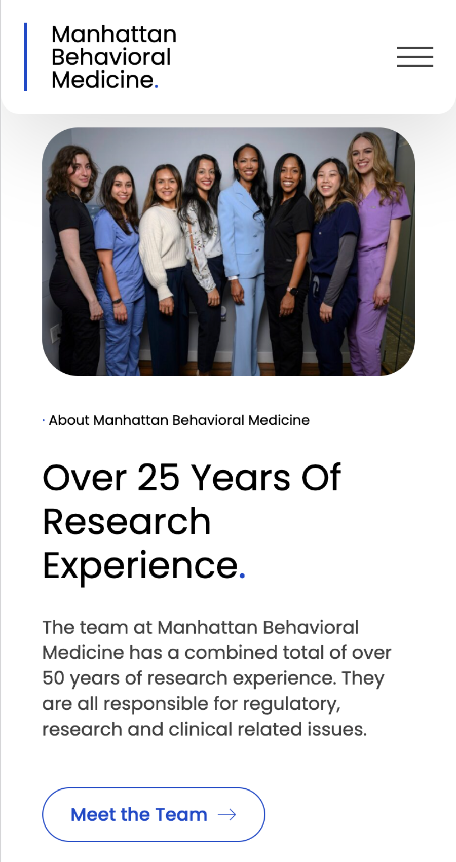 Seven professionally dressed women stand in a row, smiling at the camera, featured on a pharmaceutical website design for Manhattan Behavioral Medicine that highlights their research experience.