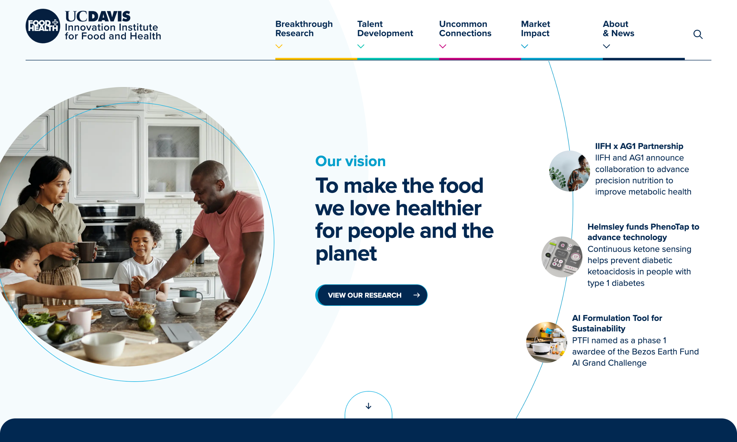 A family prepares breakfast together in a kitchen. The UC Davis Innovation Institute for Food and Health website design highlights research focused on healthier food and sustainability.