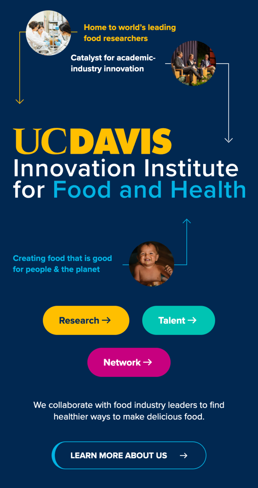 UC Davis Innovation Institute for Food and Health promotional graphic highlighting research, talent, and industry collaboration—showcasing breakthroughs in healthier food and inspiring ideas for food and health website design.
