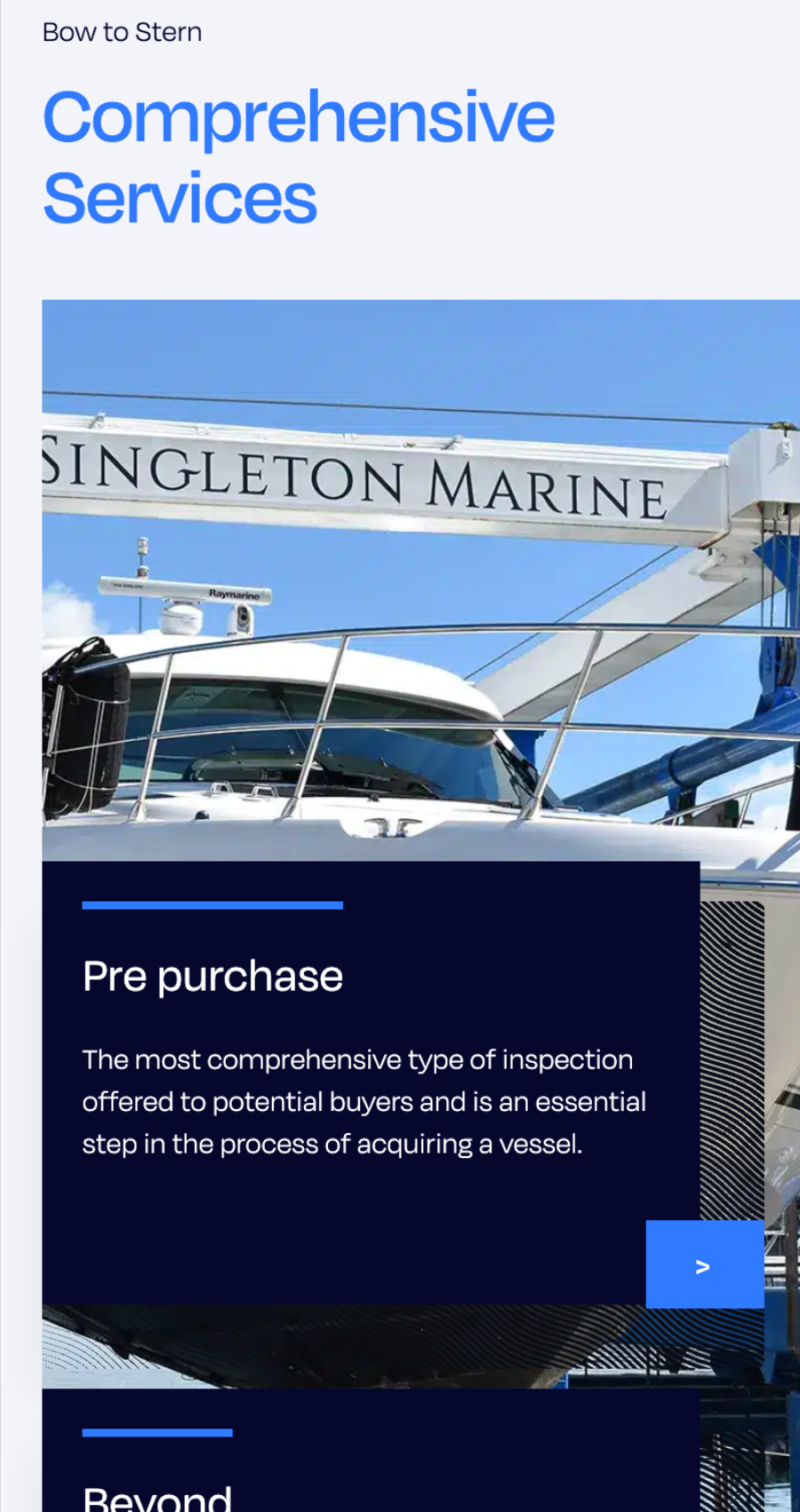 A yacht at a marina with signage reading "Singleton Marine"; text describes comprehensive pre-purchase inspection services for potential boat buyers, highlighting expertise showcased through their professional marine website design.