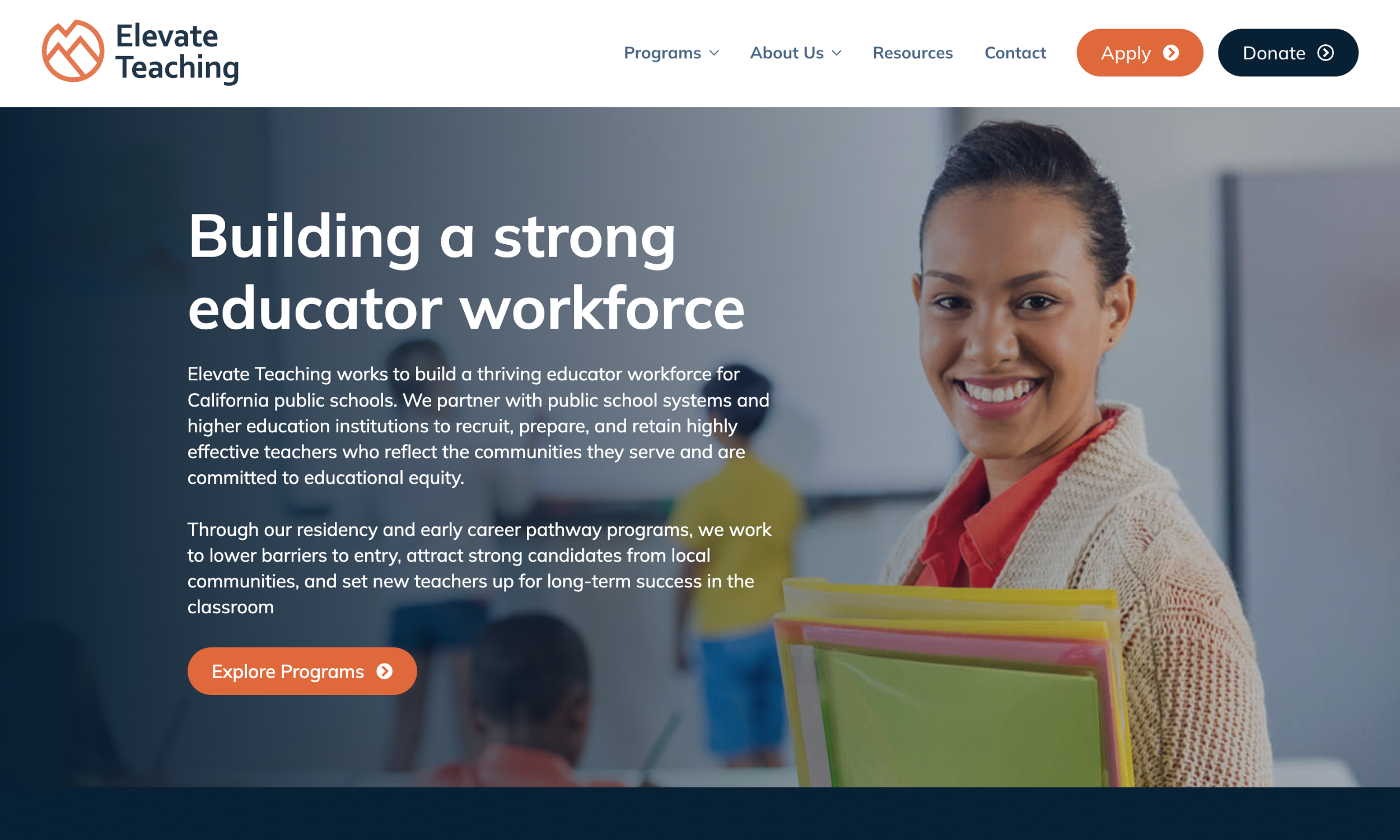 A woman smiles at the camera while holding folders; text on the image highlights Elevate Teaching's mission to build a strong educator workforce for California public schools with expert web design for education.