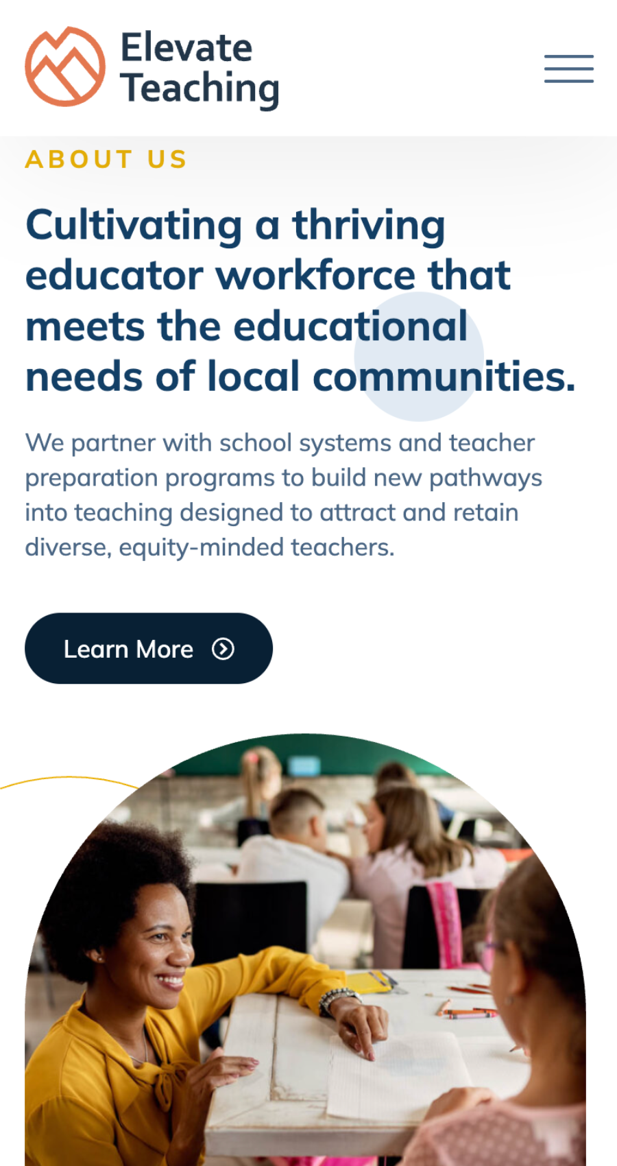 A teacher interacts with students in a classroom. The text highlights efforts to build a diverse, effective educator workforce and explores how web design for education can support community needs.