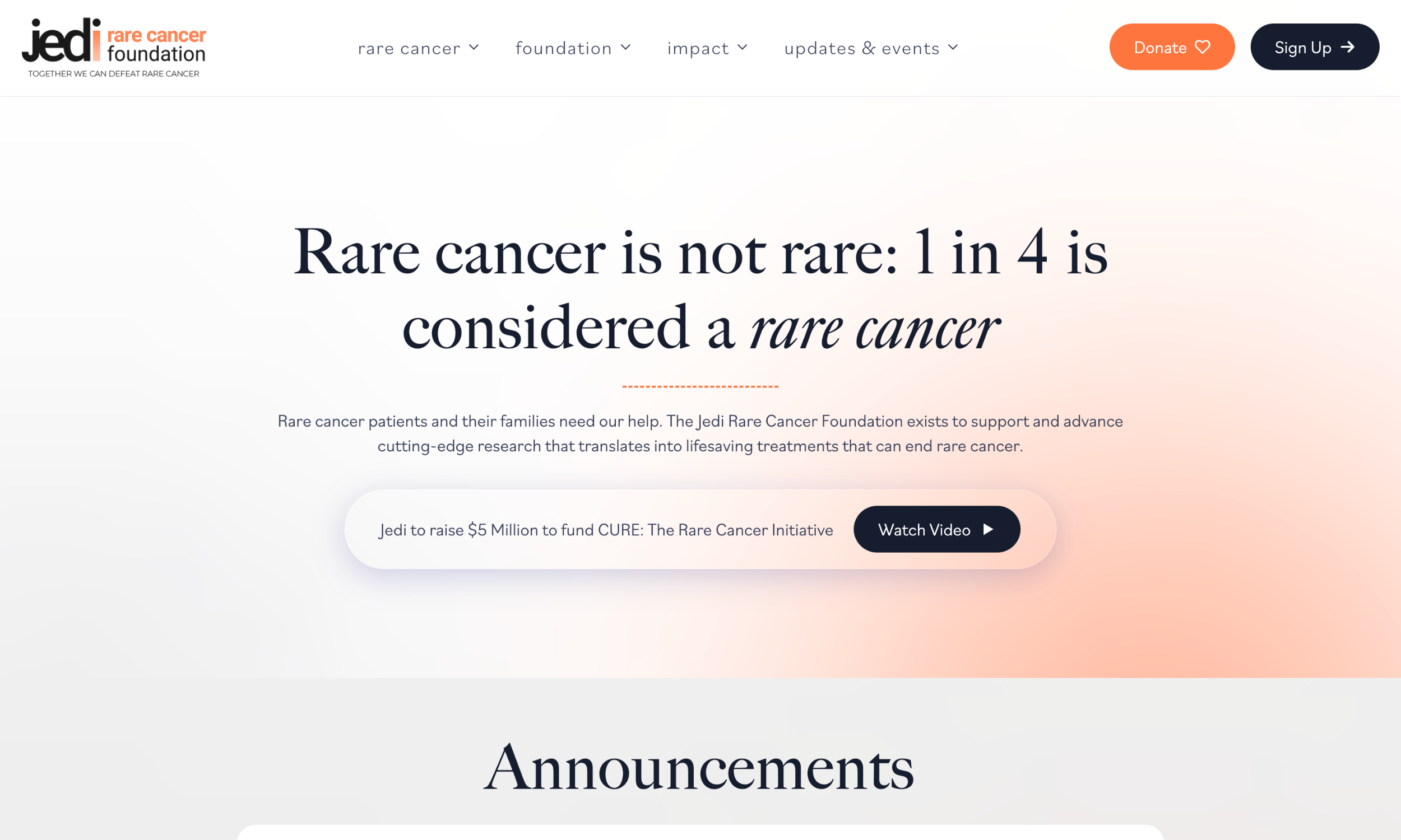 Jedi Rare Cancer Foundation homepage features impactful nonprofit web design, with a headline stating "Rare cancer is not rare: 1 in 4 is considered a rare cancer" and prominent buttons for video and donations.