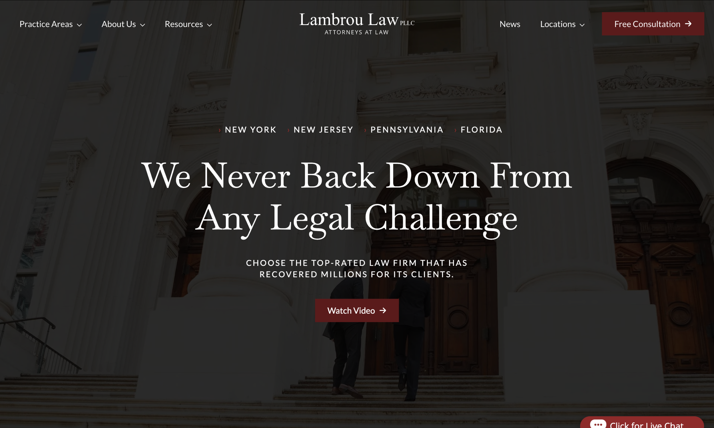 The homepage of Lambrou Law showcases best law firm web design with a prominent slogan, navigation menu, and options for free consultation and video viewing, all set against the backdrop of courthouse columns.