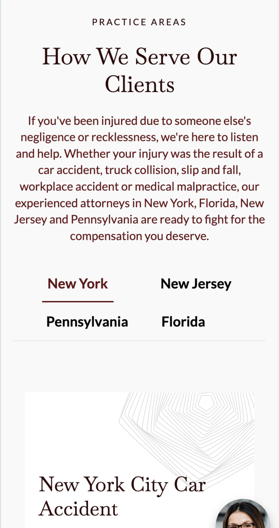 A law firm webpage section highlights their accident and injury services in New York, New Jersey, Pennsylvania, and Florida. Featuring best law firm web design, the section includes easy navigation tabs for each state.