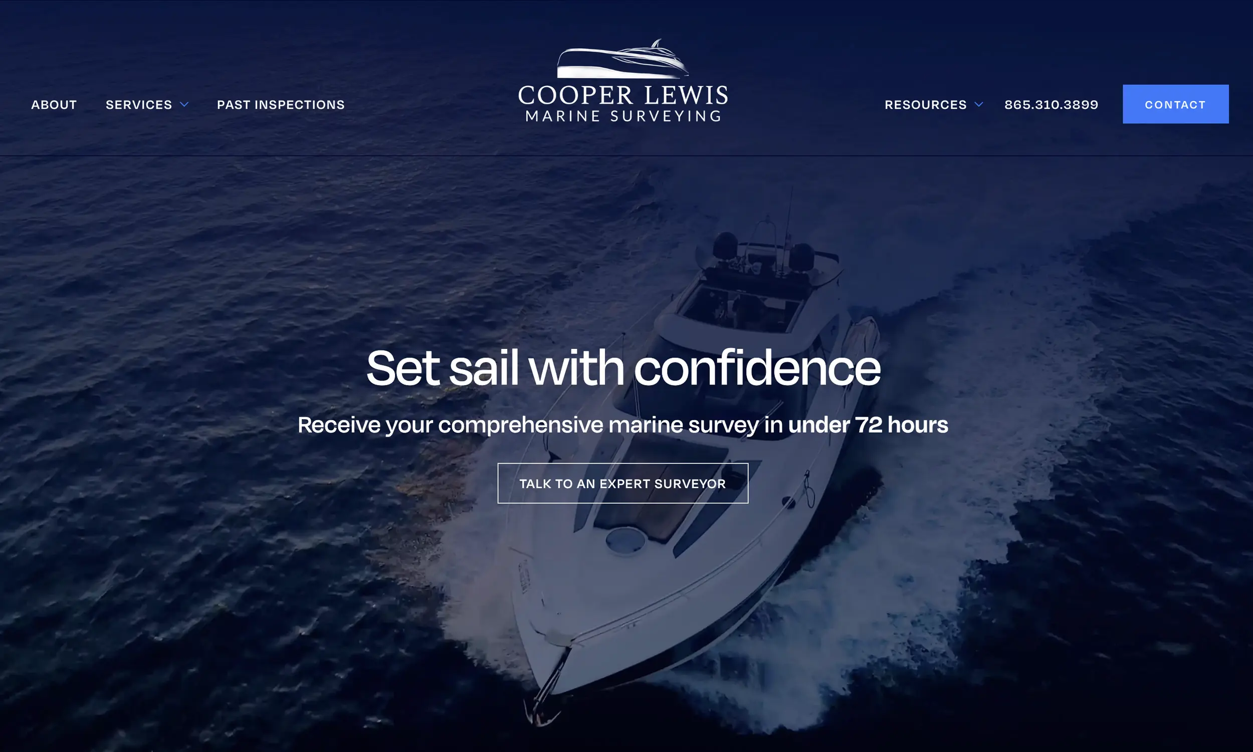 A white yacht moves through dark blue water; website text reads "Set sail with confidence. Experience expert marine surveys and exceptional marine website design, delivered in under 72 hours.