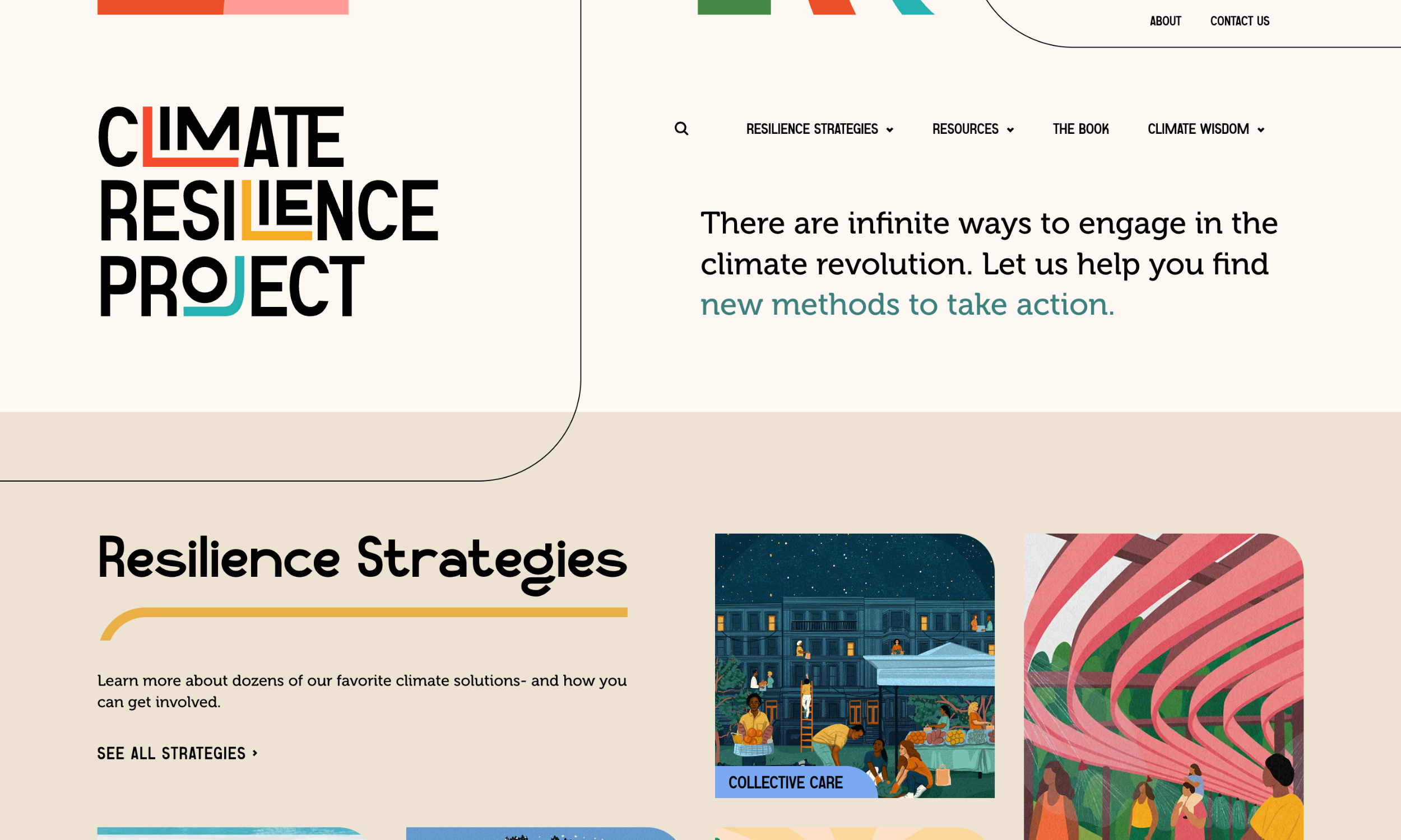 Screenshot of the Climate Resilience Project website homepage, featuring the Climate Resilience Project logo, navigation menu, and sections on resilience strategies with illustrated images.