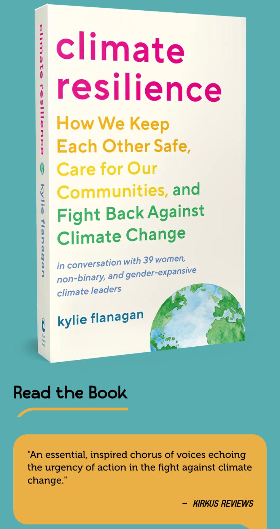 The image shows the cover of the book "Climate Resilience" by Kylie Flanagan, highlighting a review quote and a "Read the Book" prompt on a yellow background, perfect inspiration for your next climate resilience project.
