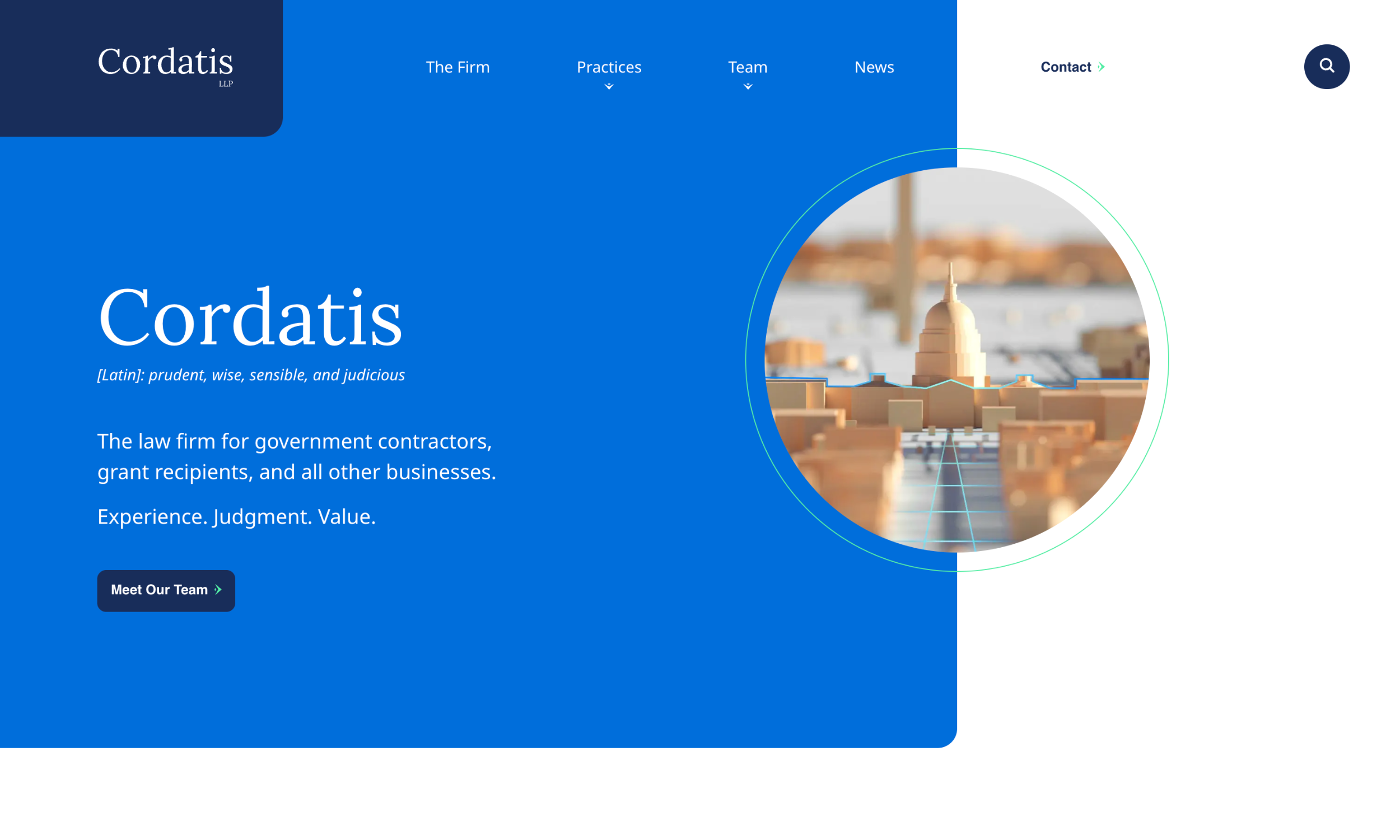 Cordatis LLP website homepage, designed as a best legal website, features the firm's name, tagline, intuitive navigation menu, and a striking photo of a stylized Capitol building model.