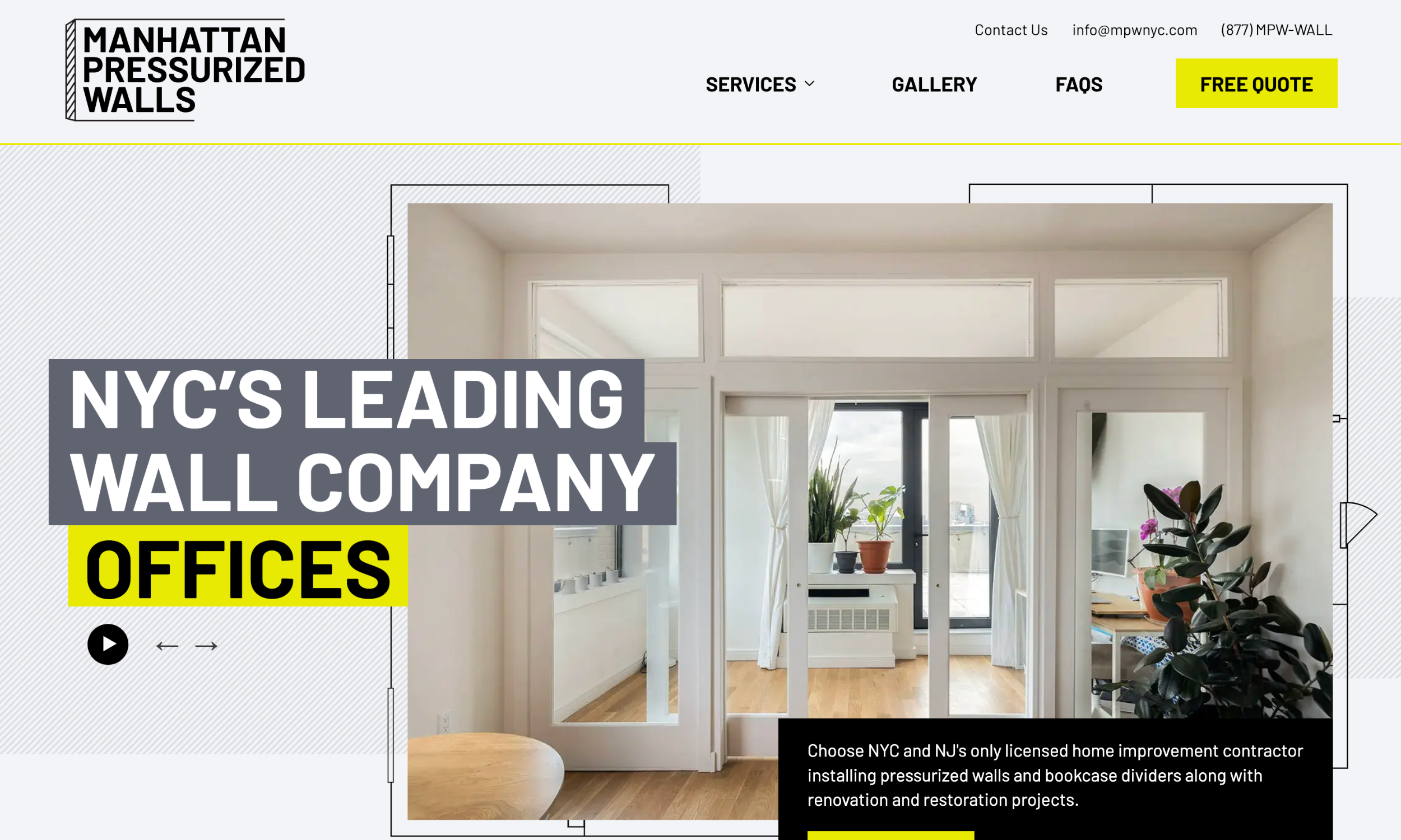 Website homepage for Manhattan Pressurized Walls, featuring a modern office interior with glass wall dividers and bold text stating "NYC'S LEADING WALL COMPANY OFFICES." Perfect example of professional Construction Company Web Design.
