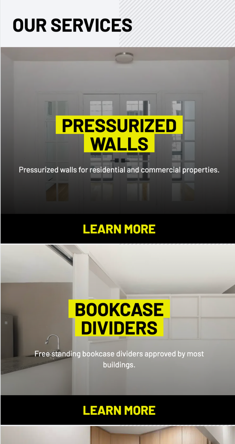 A Construction Company Web Design showcases services: “Pressurized Walls” with a room image, and “Bookcase Dividers” with a stylish divider photo. Each service features a clear "Learn More" button for easy navigation.