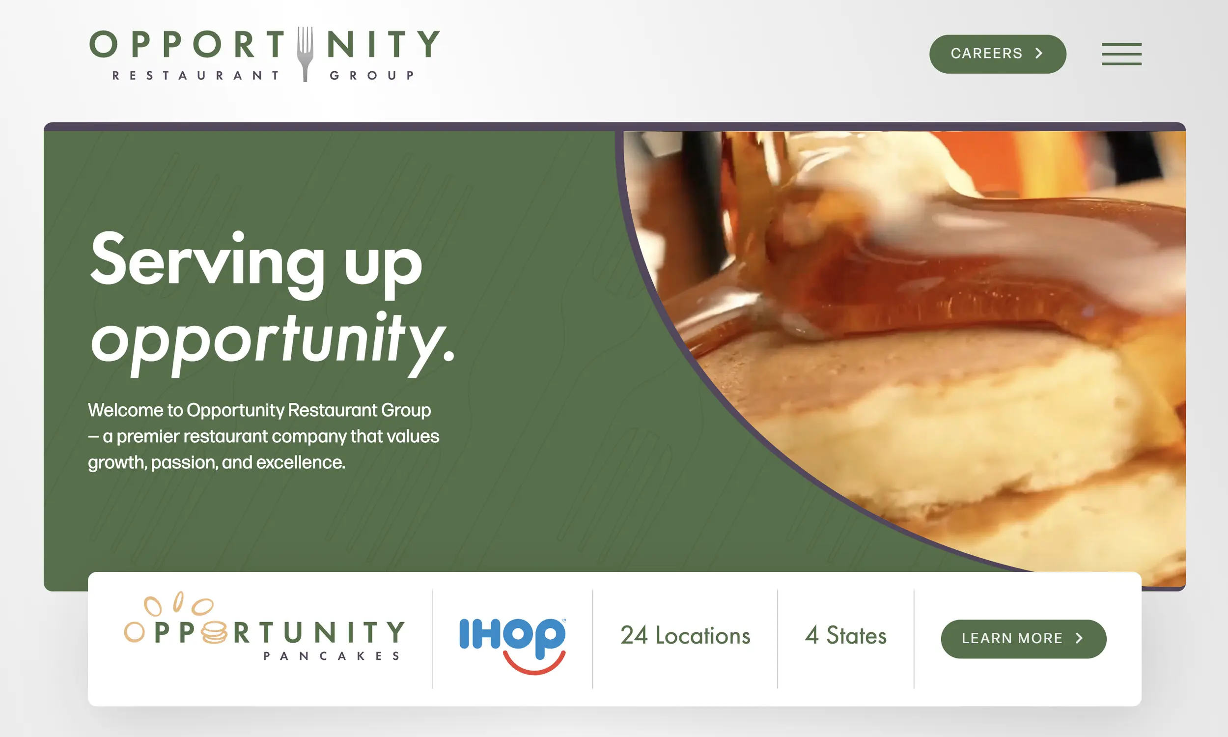 Website homepage for Opportunity Restaurant Group showcases a pancake close-up, company slogan, restaurant website design elements, and logos for Opportunity Pancakes and IHOP, plus info on locations and career opportunities.