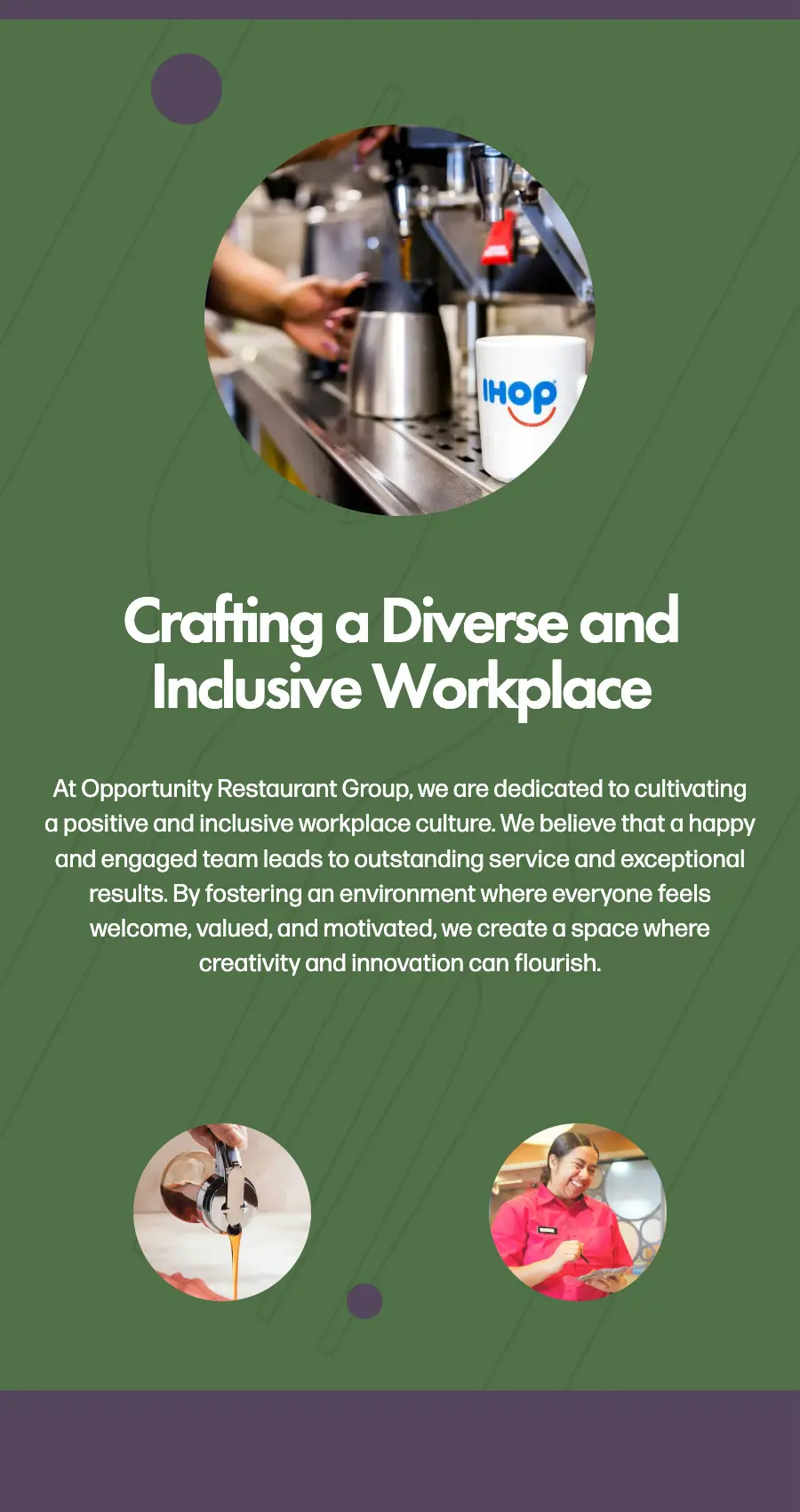 A flyer for Opportunity Restaurant Group features text about diversity and inclusion, IHOP branding, images of food preparation and customer service, and highlights their innovative approach to restaurant website design.