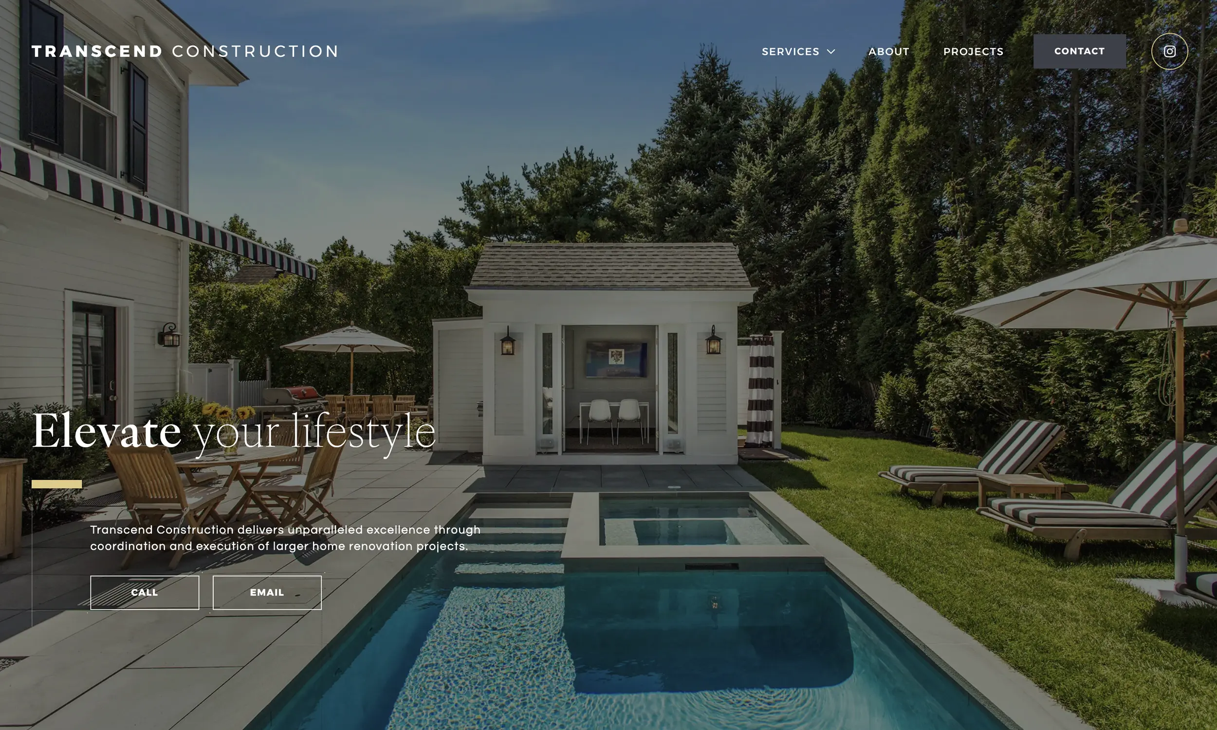 Modern backyard with a small pool, spa, lounge chairs, green lawn, and a white pool house under clear skies. Home improvement website design elements and navigation overlay the image.