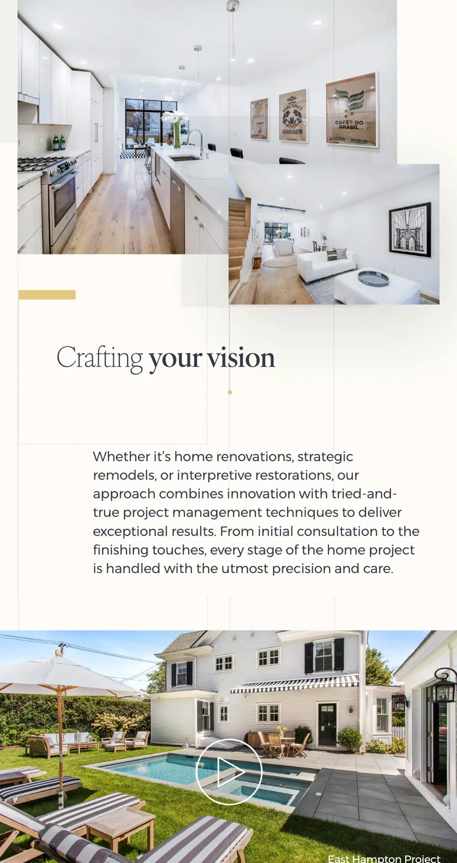 Modern kitchen and living area showcase seamless renovations, reflecting the latest in home improvement website design, followed by an exterior view of a house with a pool and outdoor seating.