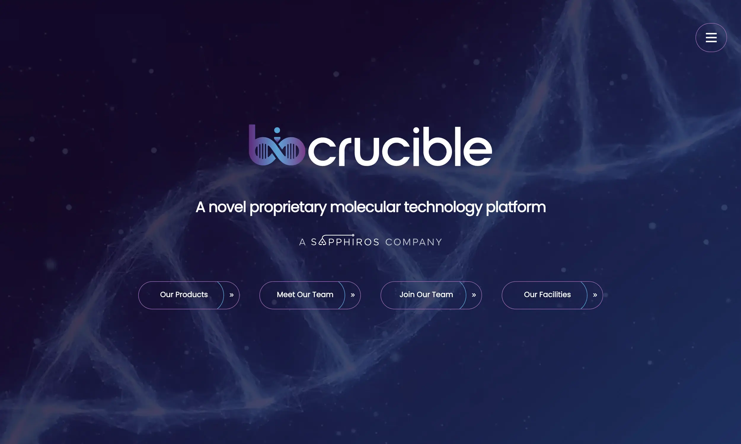 Homepage of biocrucible, featuring its logo, tagline "A novel proprietary molecular technology platform," and navigation buttons—all set against a DNA strand background that showcases innovative medtech website design.