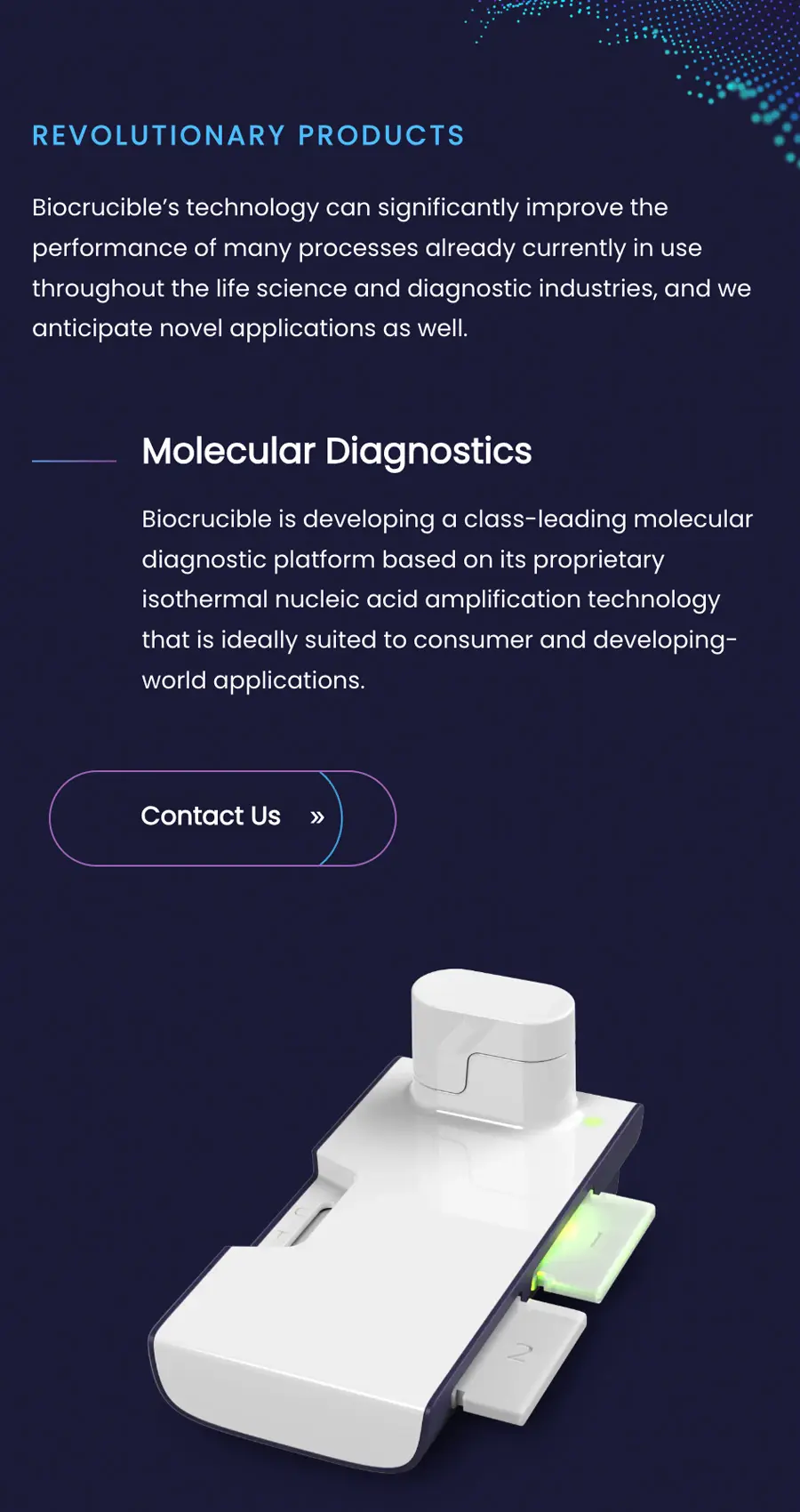 A white molecular diagnostic device with a slot for test strips is shown below text about Biocrucible's molecular diagnostics platform, showcasing modern medtech website design.