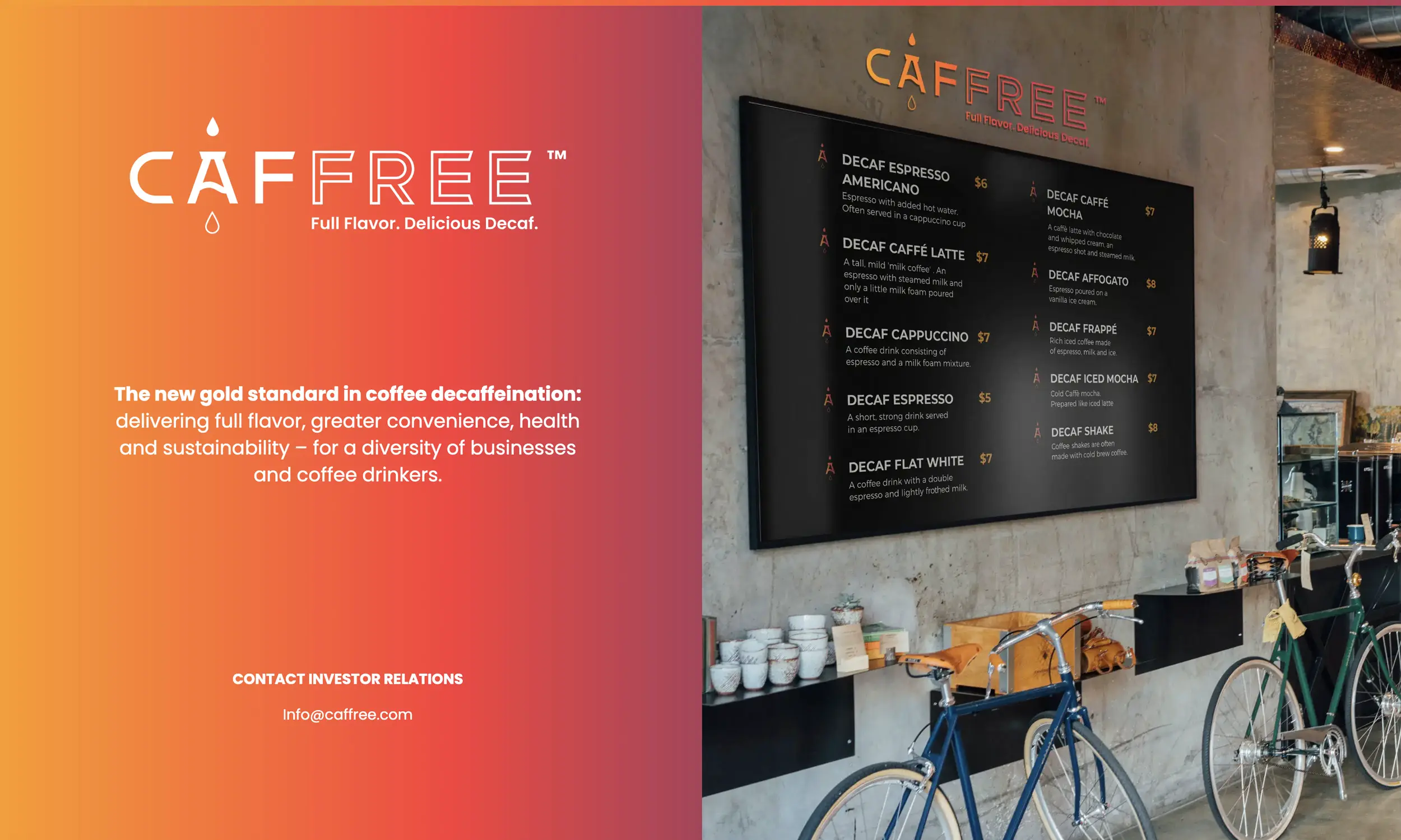 Inside a modern coffee shop, a large menu board displays various decaf coffee options. Bicycles are parked below the menu, and the wall features the “CAFFREE” logo, business information, and hints of sleek coffee website design inspiration.