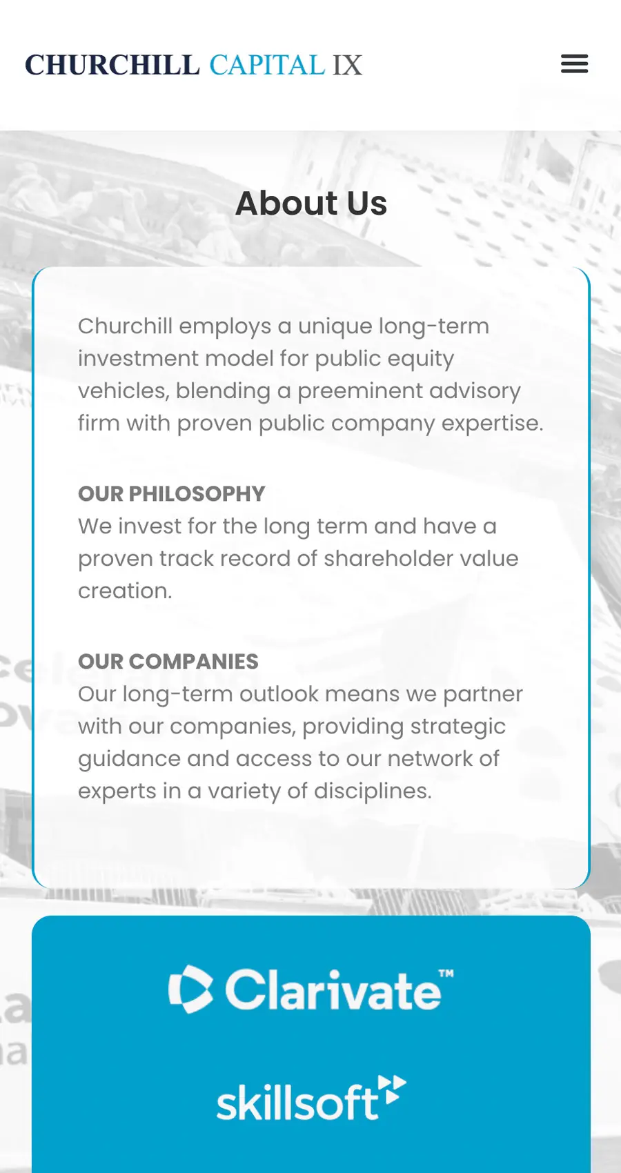 Screenshot of Churchill Capital IX investment company website design section detailing the firm’s investment model, philosophy, and approach, with Clarivate and Skillsoft logos displayed below.