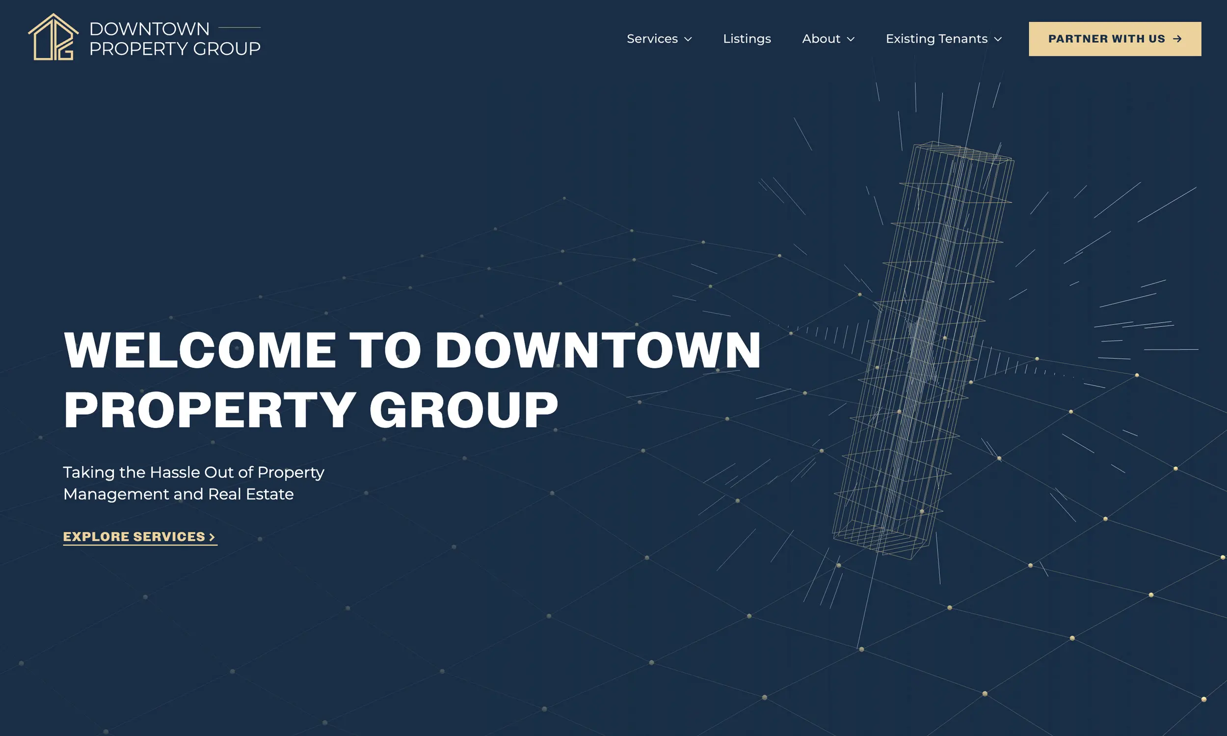 Downtown Property Group’s homepage features a real estate website design with a wireframe building graphic, navigation menu, and “Welcome to Downtown Property Group” headline on a dark blue background.