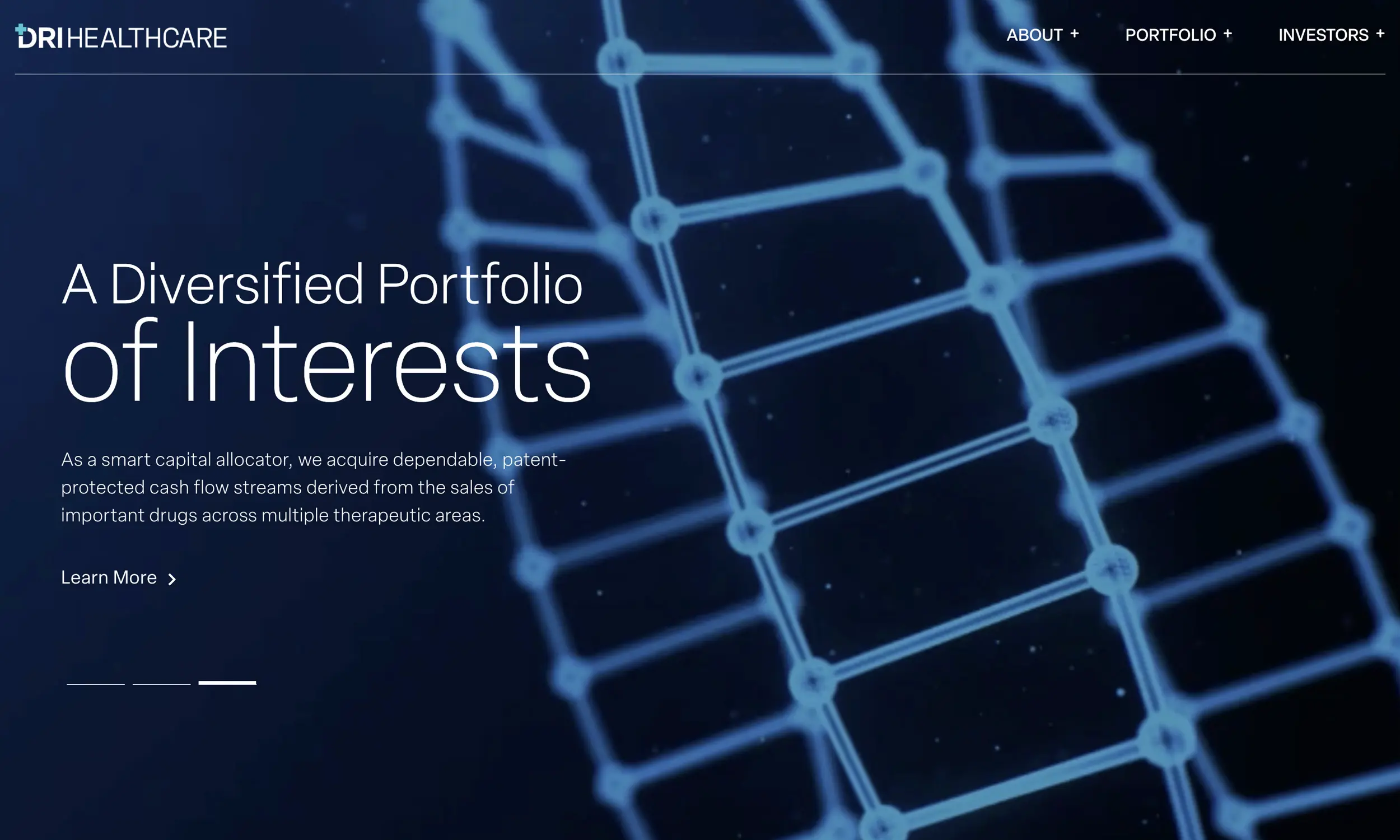 Abstract blue geometric molecular structure with text overlay highlights DRI Healthcare’s focus on diversified pharmaceutical investments. A navigation menu is visible at top right, reflecting a recent healthcare website redesign.