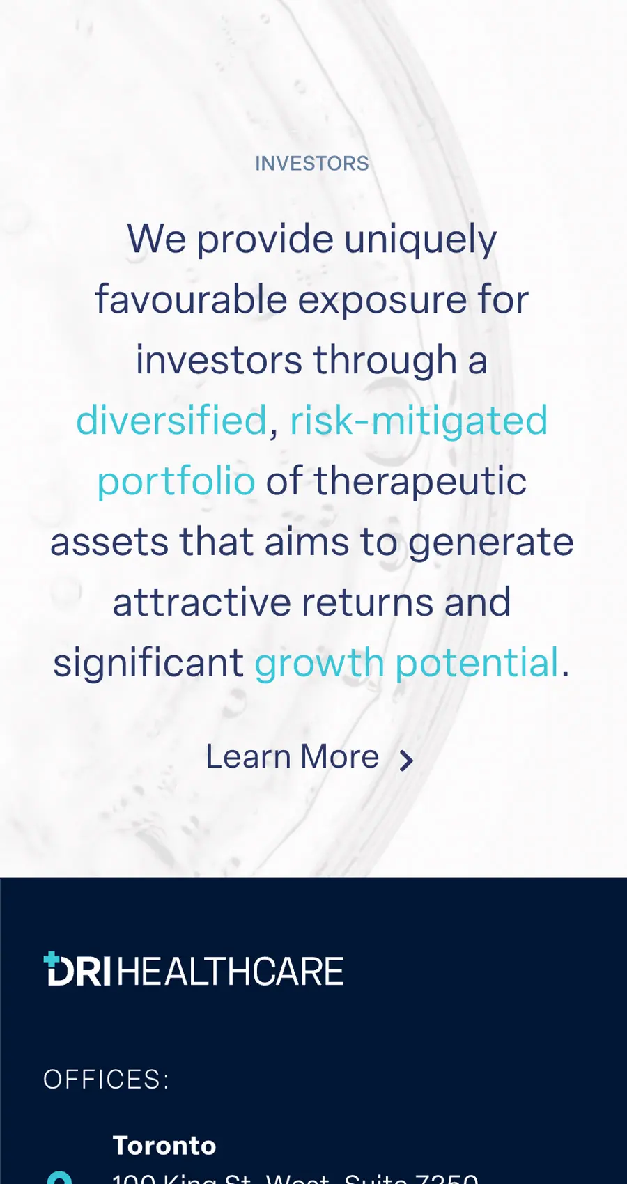 Text states DRI Healthcare offers investors exposure to a diversified, risk-mitigated therapeutic asset portfolio for attractive returns and growth potential, supporting innovation such as healthcare website redesign.