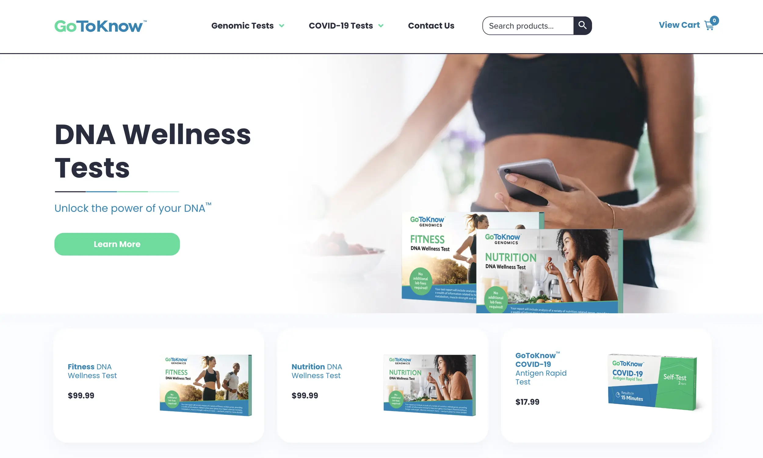 A person holds a smartphone near a bowl, browsing a wellness website design that showcases DNA wellness test kits and health-related products.