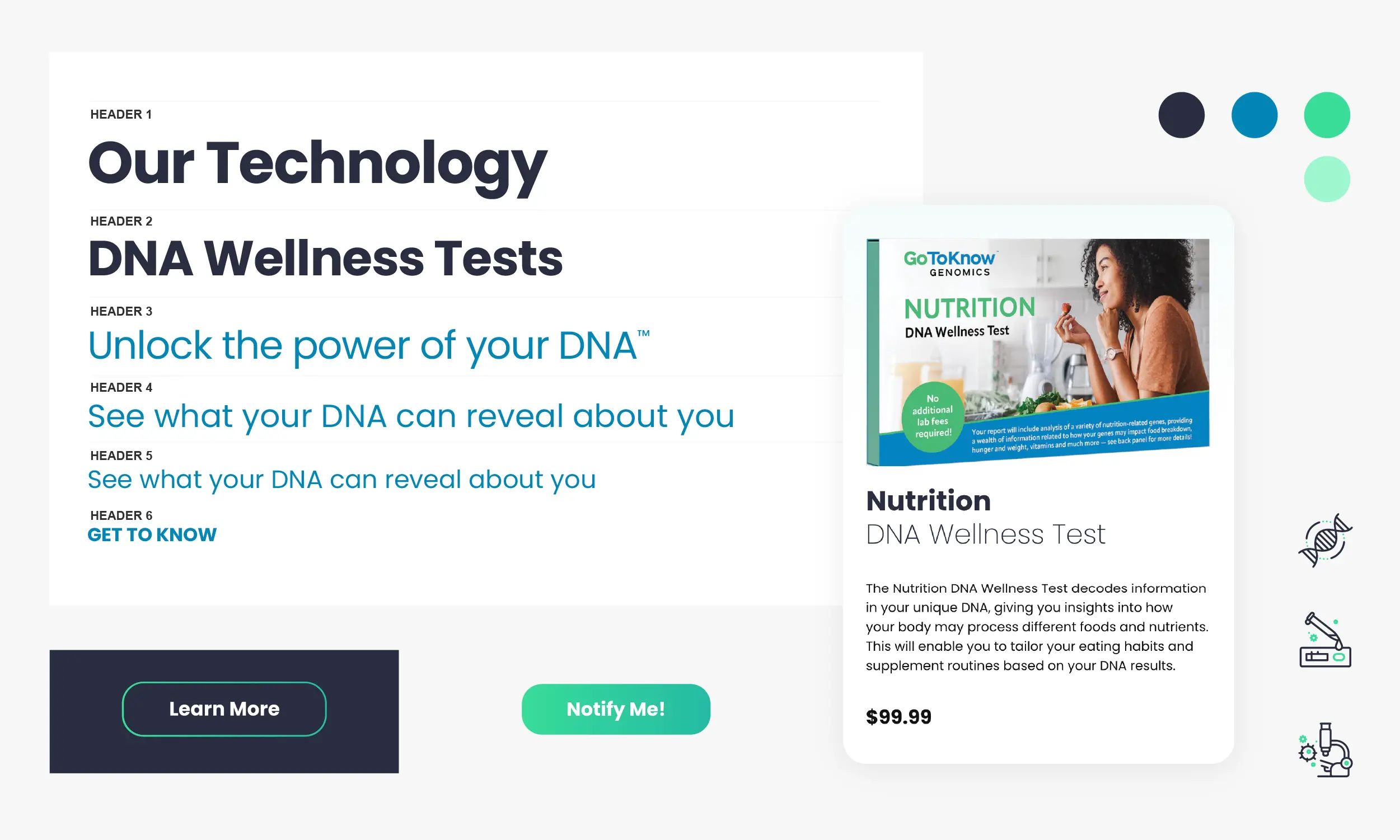 Screenshot of a wellness website design section promoting "DNA Wellness Tests," featuring the highlighted Nutrition DNA test kit for $99.99 and call-to-action buttons "Learn More" and "Notify Me!.