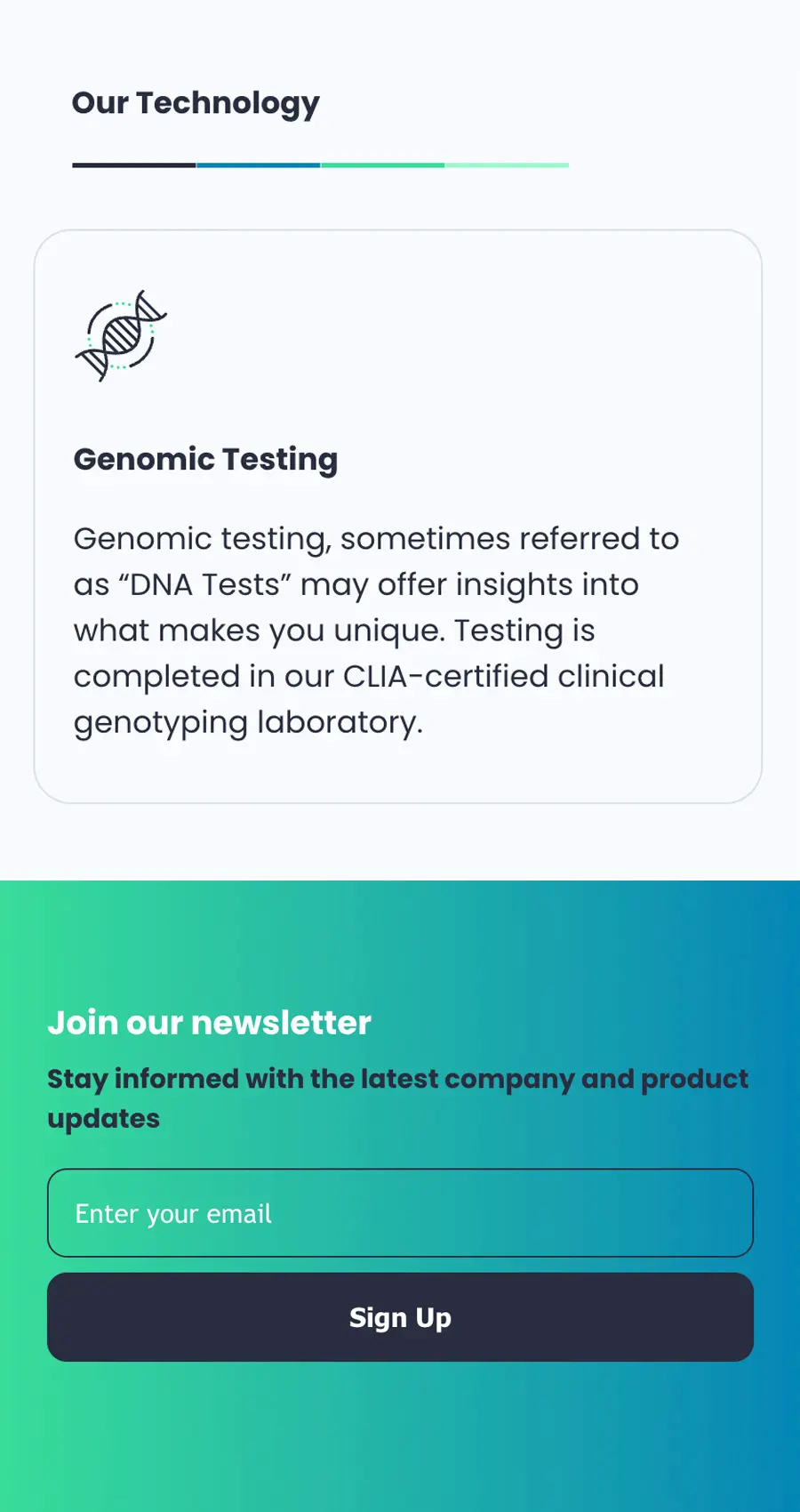 A wellness website design section highlights genomic testing and features a newsletter sign-up form with an email field and a "Sign Up" button.