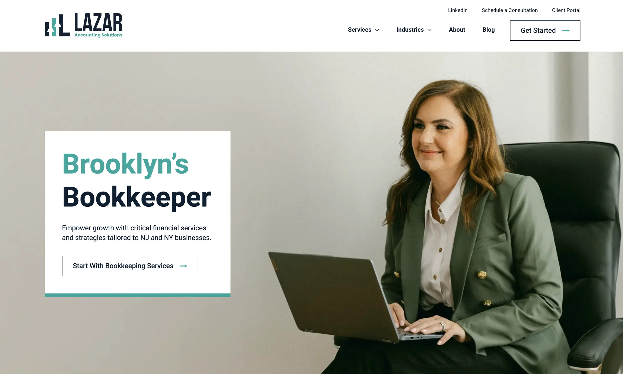 A woman in a green blazer sits with a laptop on her lap. The text reads "Brooklyn's Bookkeeper," promoting bookkeeping and accounting website design services for NJ and NY businesses.