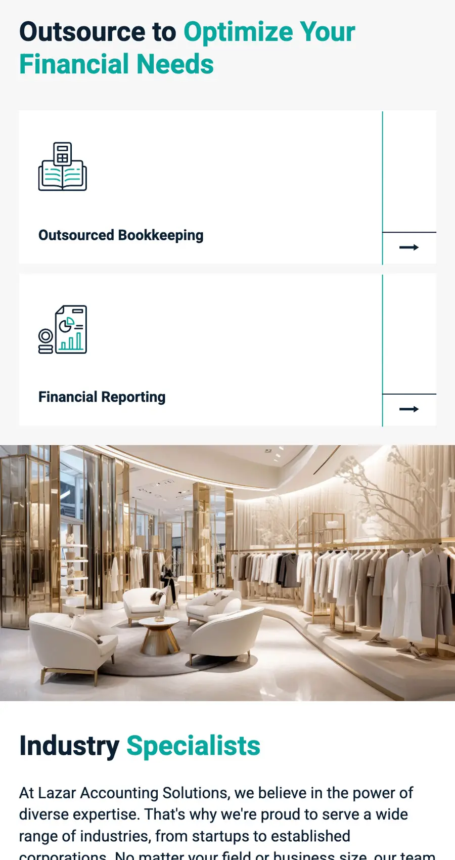 Screenshot featuring accounting website design elements showcasing financial services like Outsourced Bookkeeping and Financial Reporting, followed by a modern retail interior and a section titled Industry Specialists.