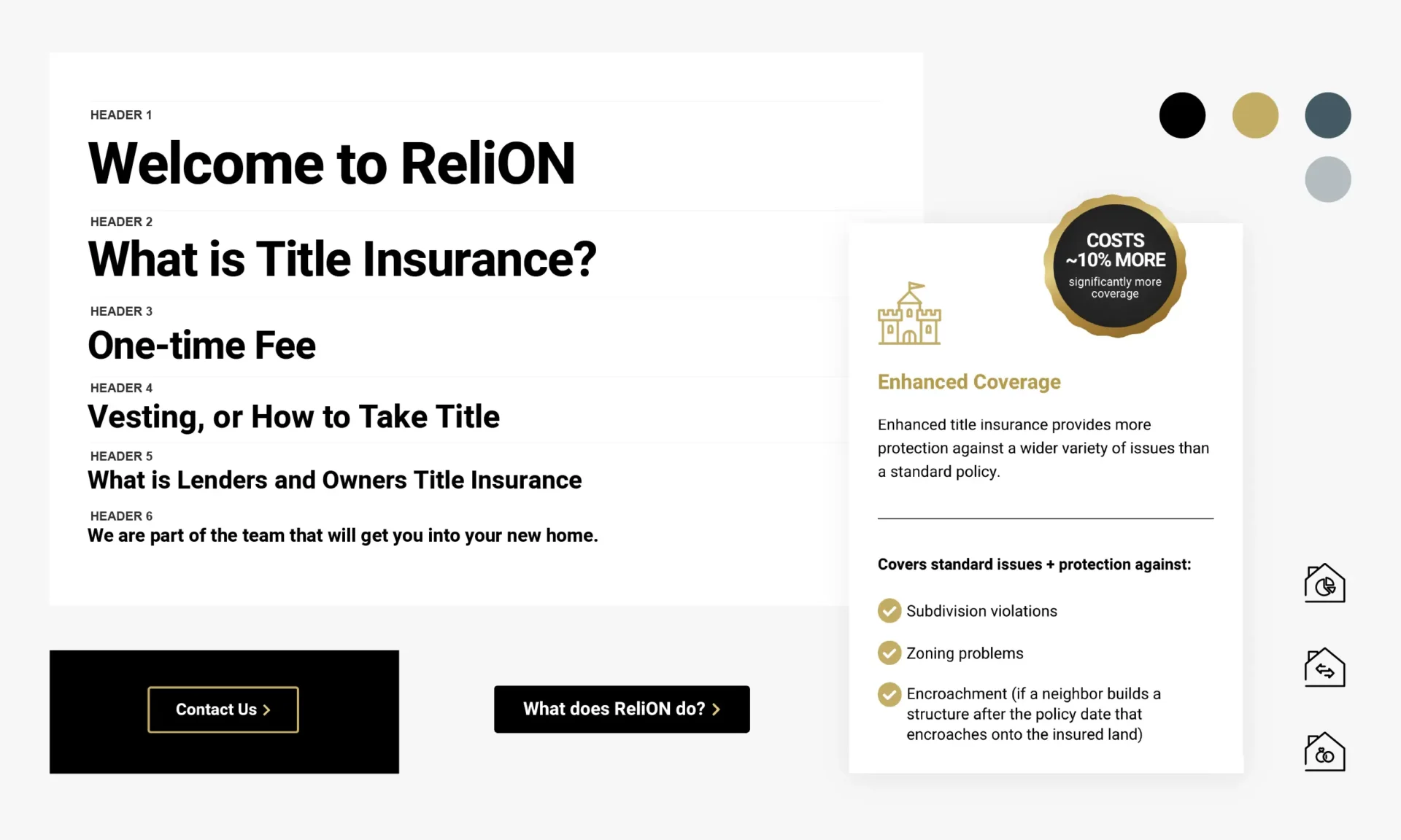 A webpage for ReliON features modern insurance website design, with clear headers, buttons, and a section highlighting enhanced title insurance coverage benefits, including cost information and common coverage details.