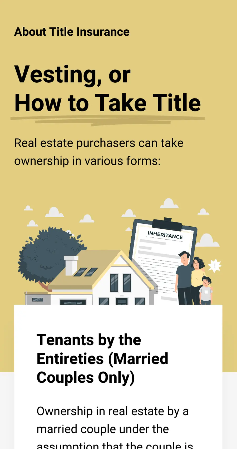 Infographic explaining ways real estate purchasers can take ownership, highlighting "Tenants by the Entireties (Married Couples Only)" with an illustration of a house and family—perfect for an insurance website design theme.