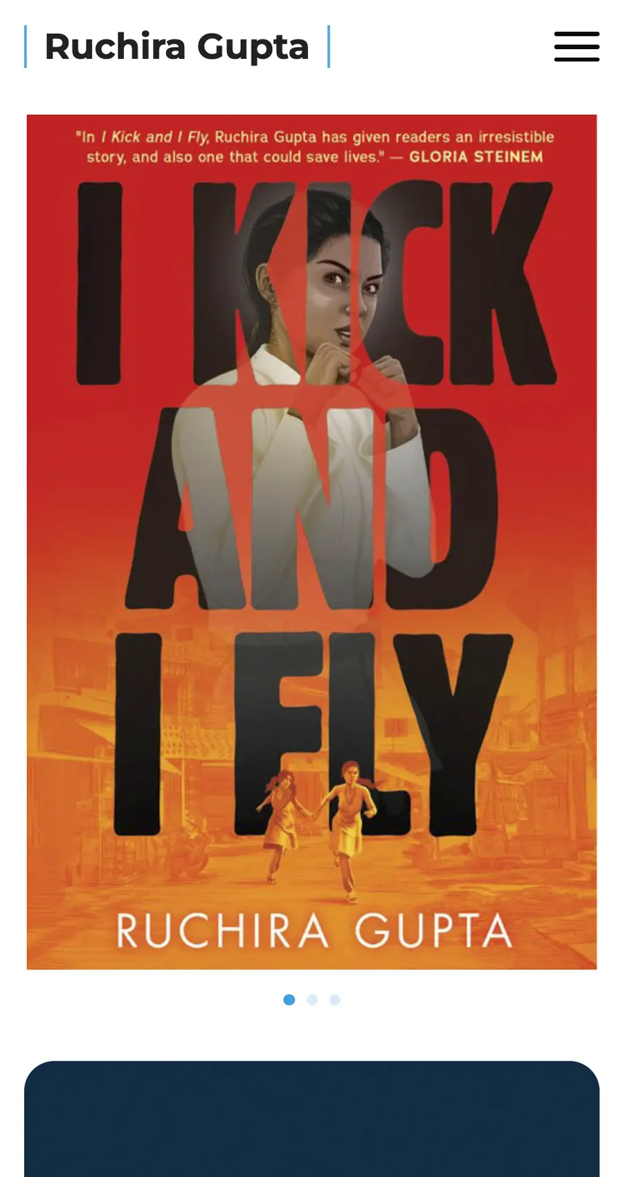 Book cover for "I Kick and I Fly" by Ruchira Gupta, ideal for an author website redesign, featuring a woman's face in the background and two girls running in the foreground with a bold red and orange color scheme.
