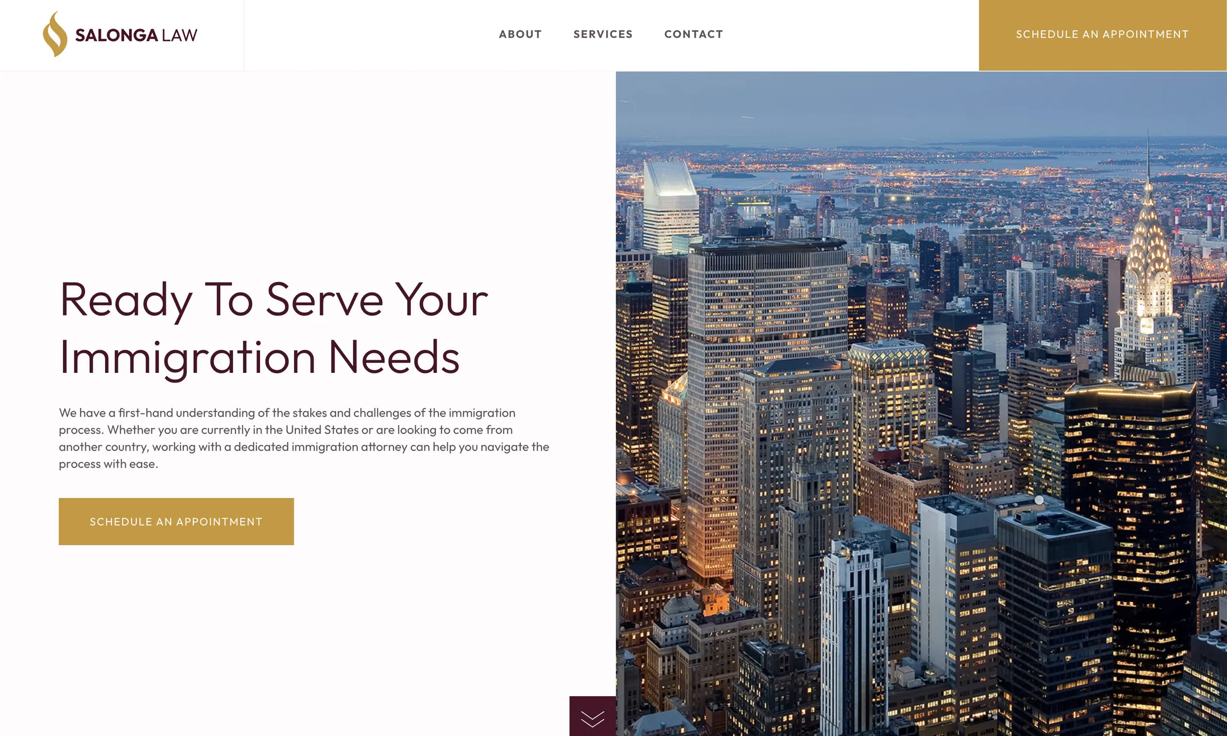Law firm website features "Ready To Serve Your Immigration Needs" beside an aerial city skyline at dusk, showcasing a modern immigration lawyer website design and a button to schedule an appointment.