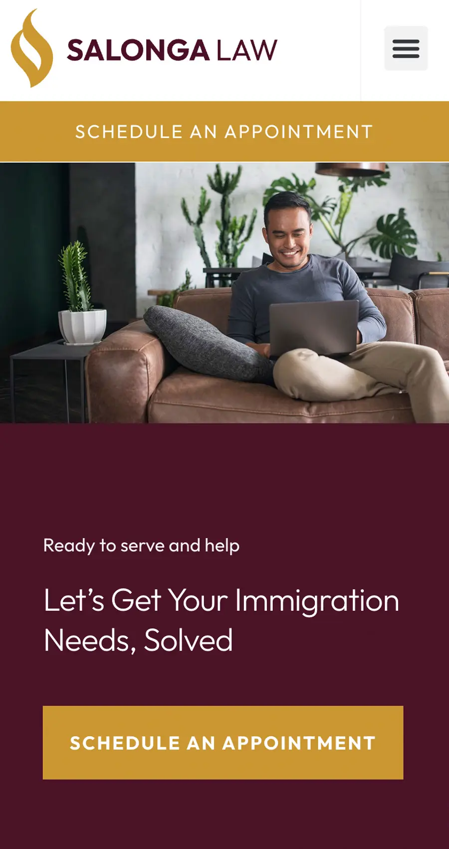 A man sits on a couch using a laptop, browsing an immigration lawyer website design. The banner reads "Salonga Law" with options to schedule an appointment for immigration services.