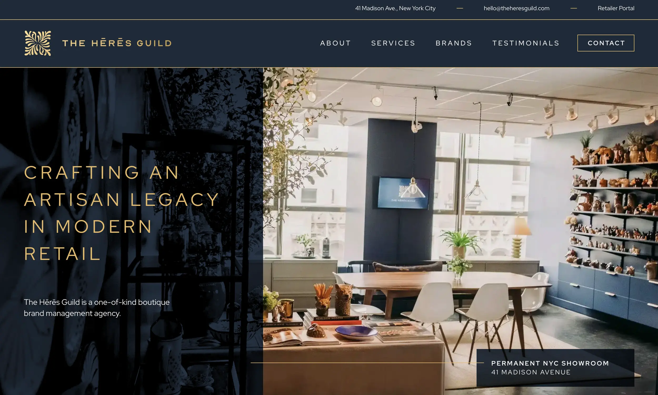 Screenshot of The Hèrès Guild brand ambassador website homepage, showcasing a modern showroom with artisan items and text about their boutique brand management agency in New York City.