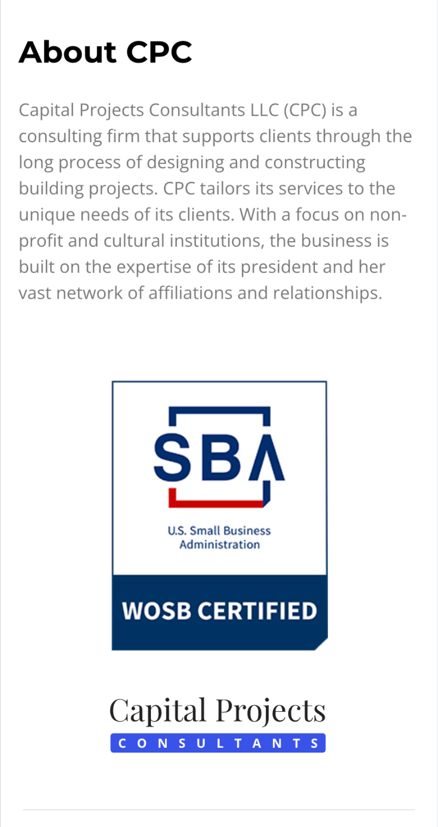 About CPC section featuring Capital Projects Consultants LLC, a WOSB Certified SBA firm specializing in construction web design, with its logo displayed at the bottom.