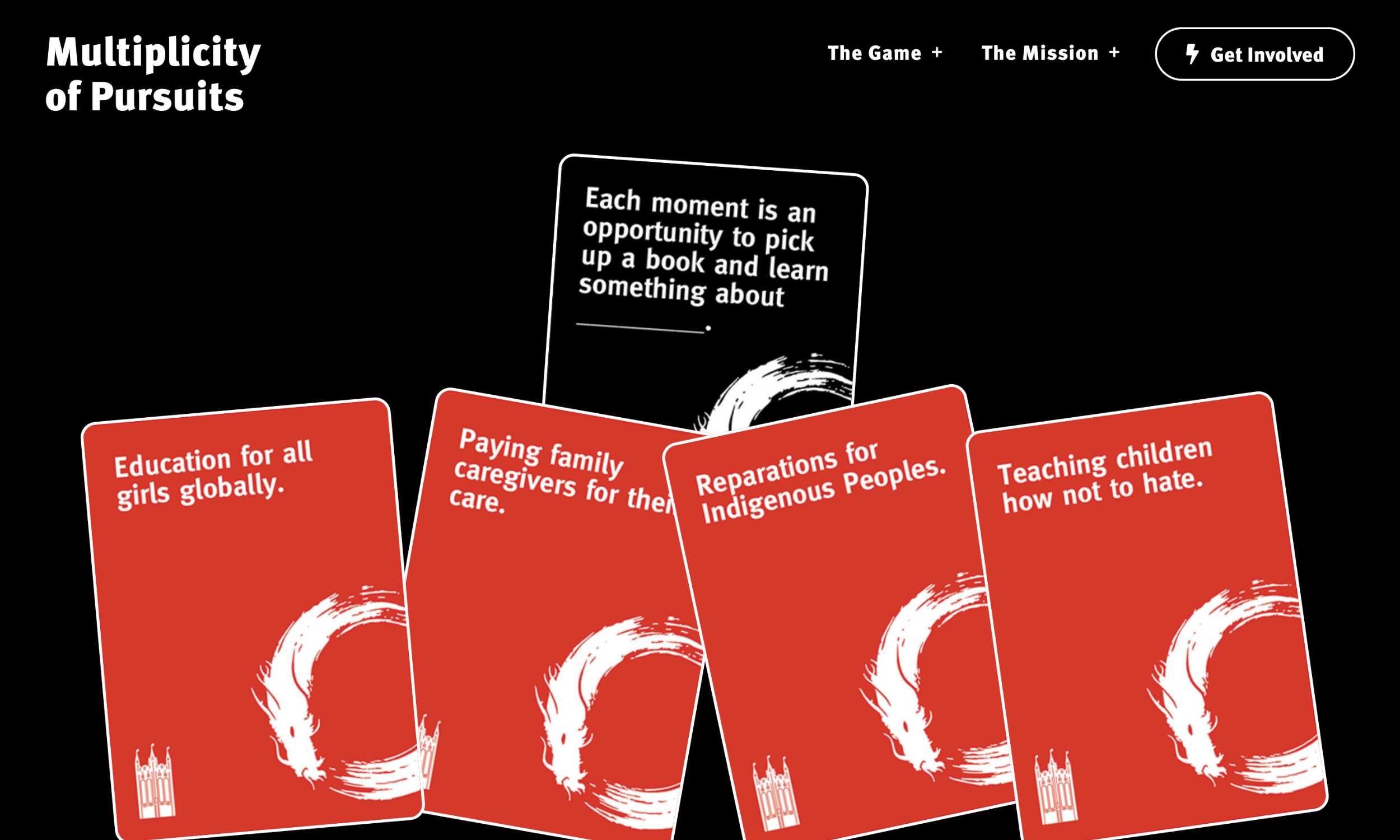 Five cards, styled with game website design elements, display messages about global education, caregiver compensation, Indigenous reparations, teaching against hate, and lifelong learning opportunities.