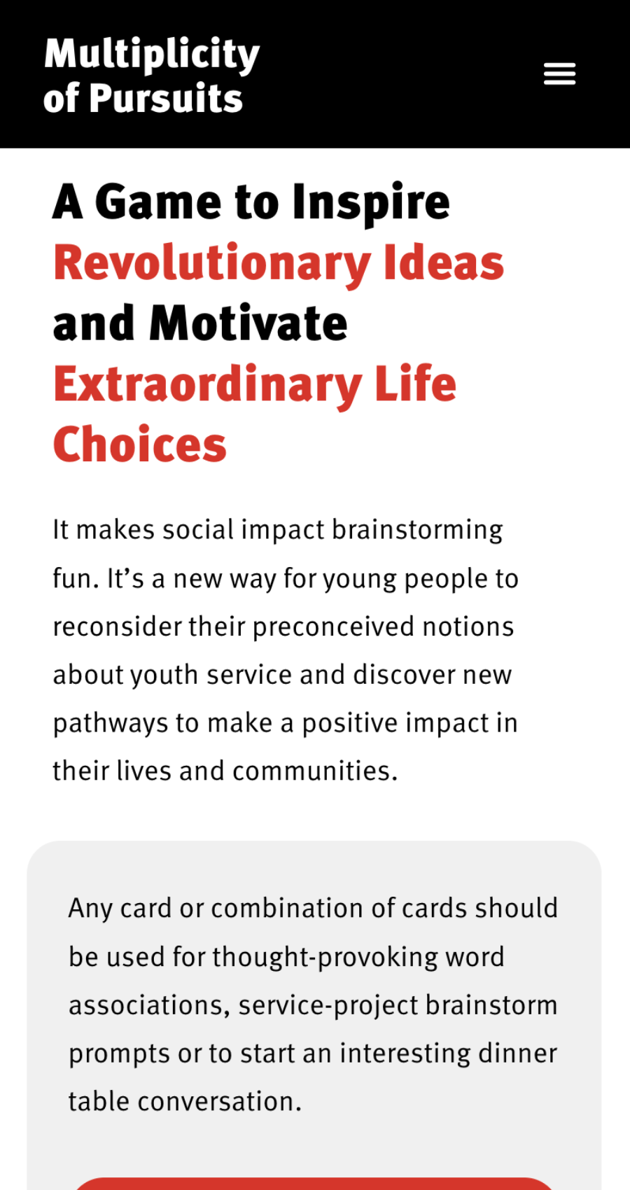 Screenshot of a webpage with engaging game website design titled "A Game to Inspire Revolutionary Ideas and Motivate Extraordinary Life Choices," describing a social impact brainstorming game for youth.