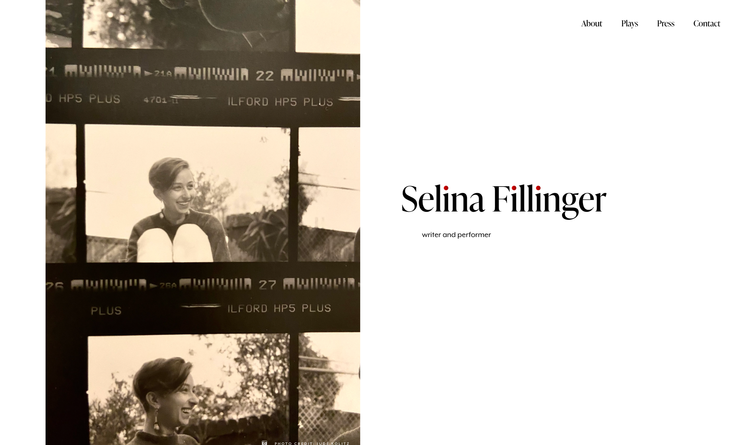 Black-and-white photo strips of a smiling woman are displayed on the left; on the right, "Selina Fillinger, writer and performer" is written in large text, showcasing an elegant writer website design.