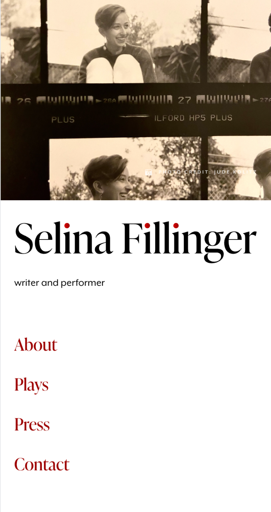 Black-and-white film photo contact sheet of a person smiling, with "Selina Fillinger" and menu items: About, Plays, Press, Contact—an elegant writer website design on a white background.