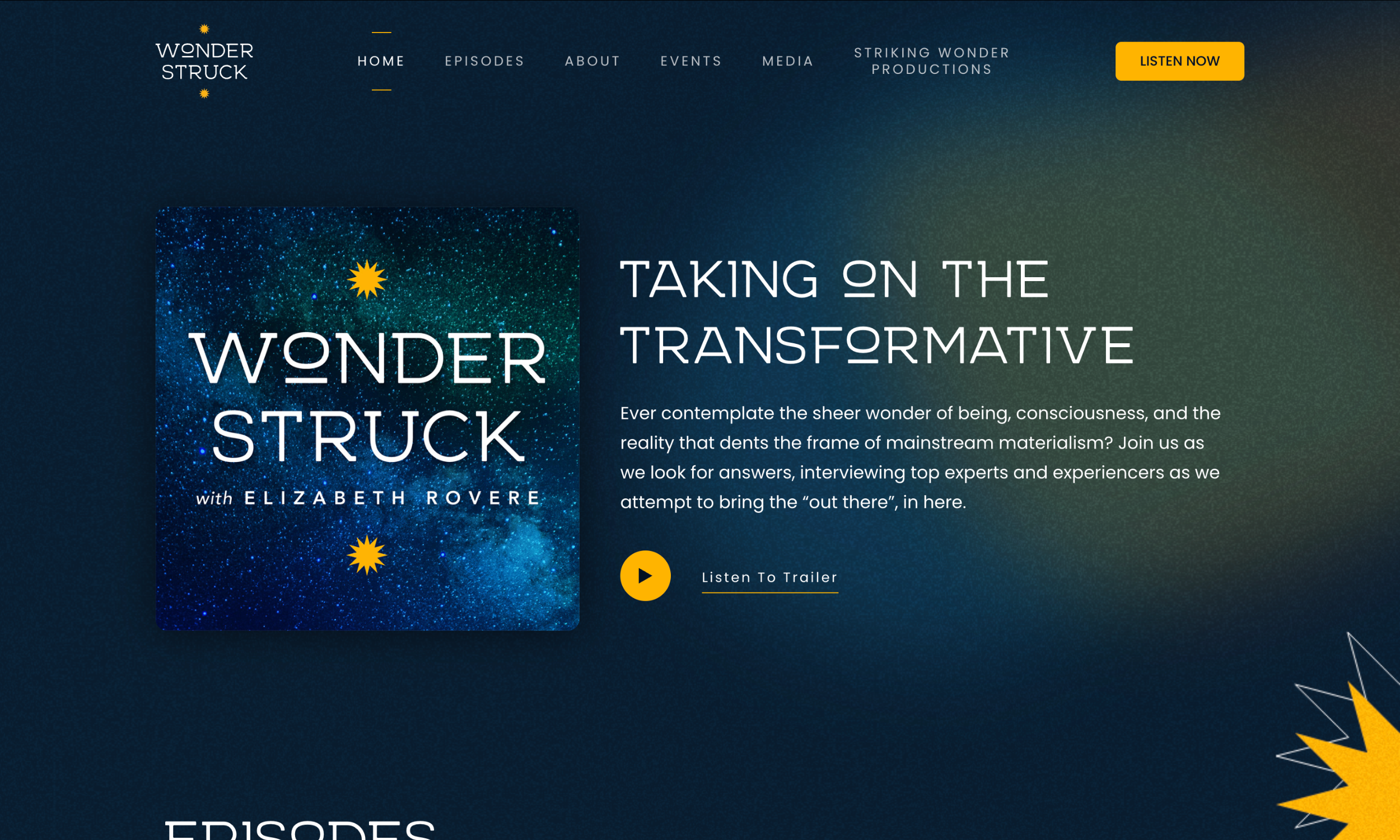 Homepage of the Wonder Struck podcast showcasing a blue cover image, podcast title, episode description, and a yellow "Listen Now" button—all in an engaging podcast website design.
