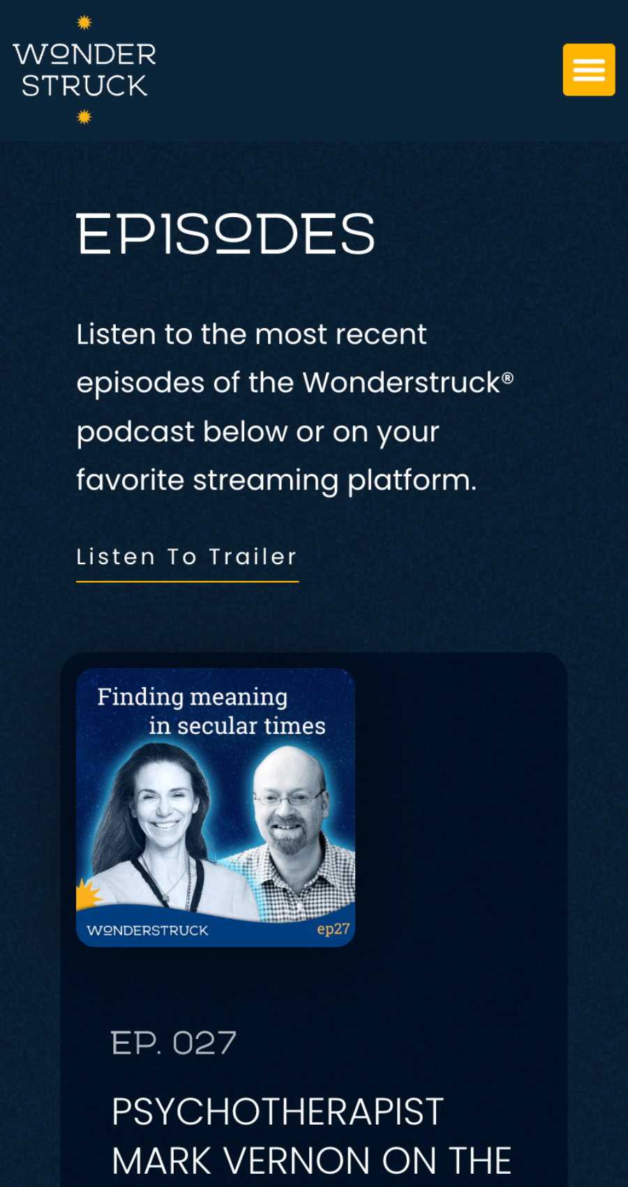 A mobile podcast website design for Wonderstruck displays an episode titled "Finding meaning in secular times," featuring photos of the two hosts and options to listen to the trailer or latest episodes.