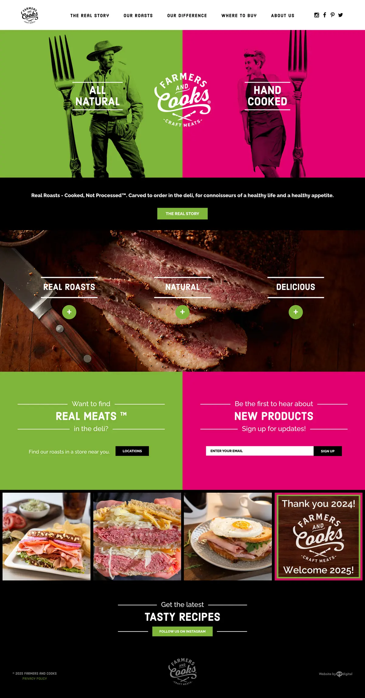 Website homepage for Farmers and Cooks, featuring images of roasted meat, navigation menu, product highlights, recipe sign-up, and an announcement for new products in 2025.