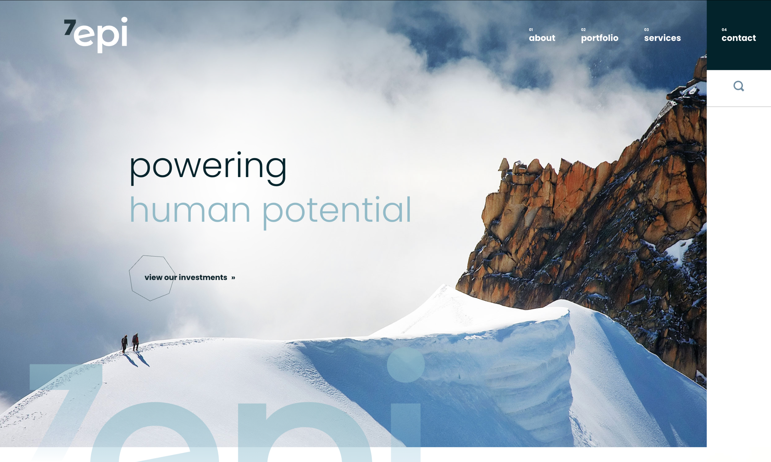 A snowy mountain ridge with two people hiking; text on image reads “powering human potential” with navigation links at the top right, showcasing website design for investment firms.