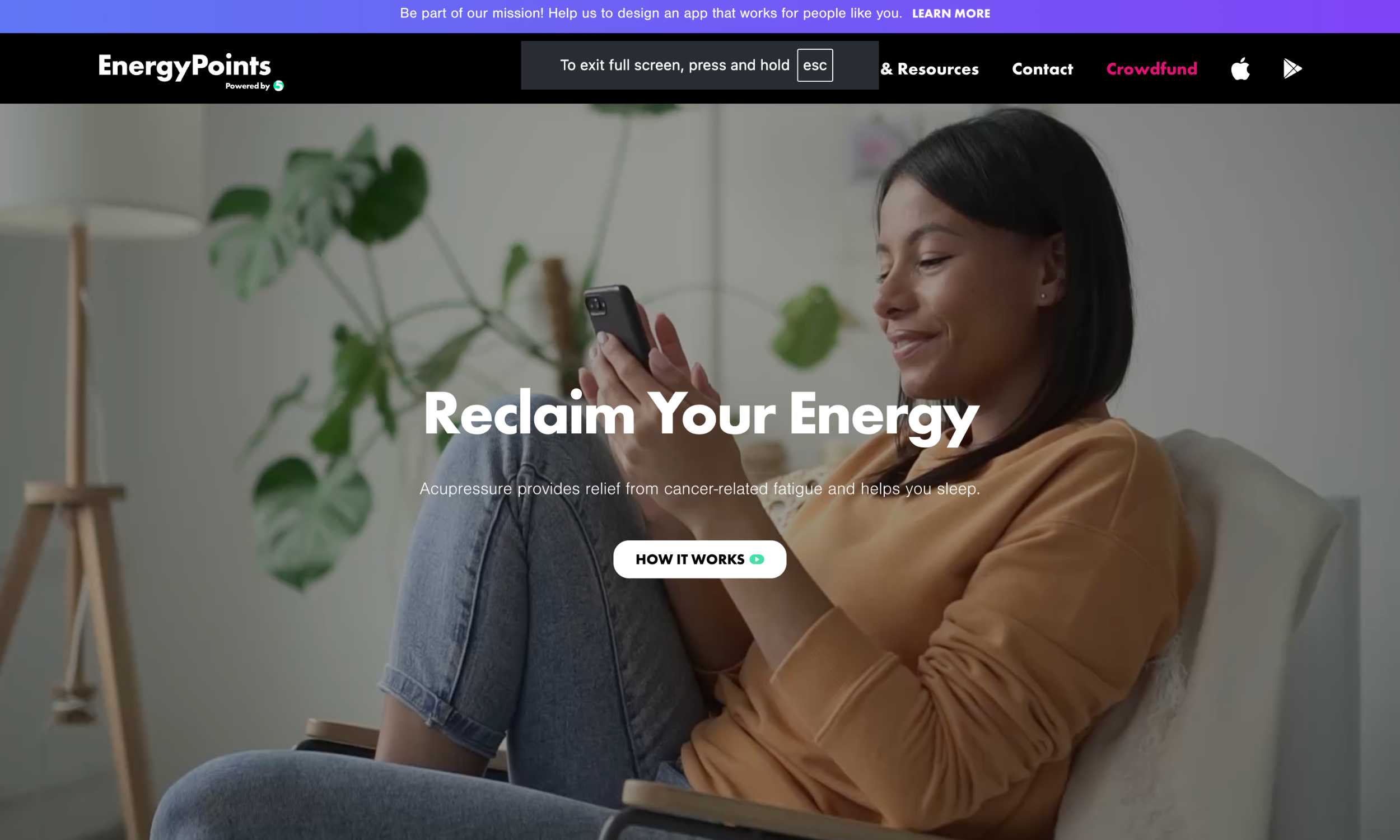 Energy Points desktop homepage hero with “Reclaim Your Energy” headline, woman using mobile app, and How It Works CTA