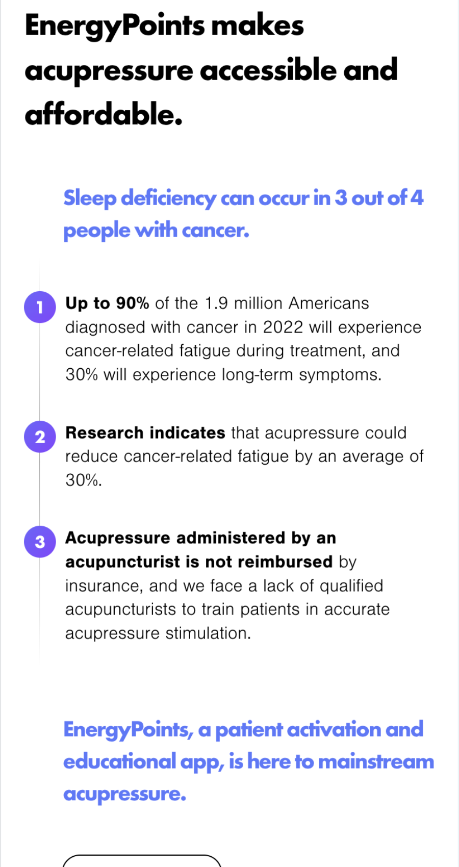 Infographic for a cancer care website design illustrating the effects of sleep deficiency, cancer-related fatigue, benefits of acupressure, and challenges like insurance coverage and limited acupuncturist availability.