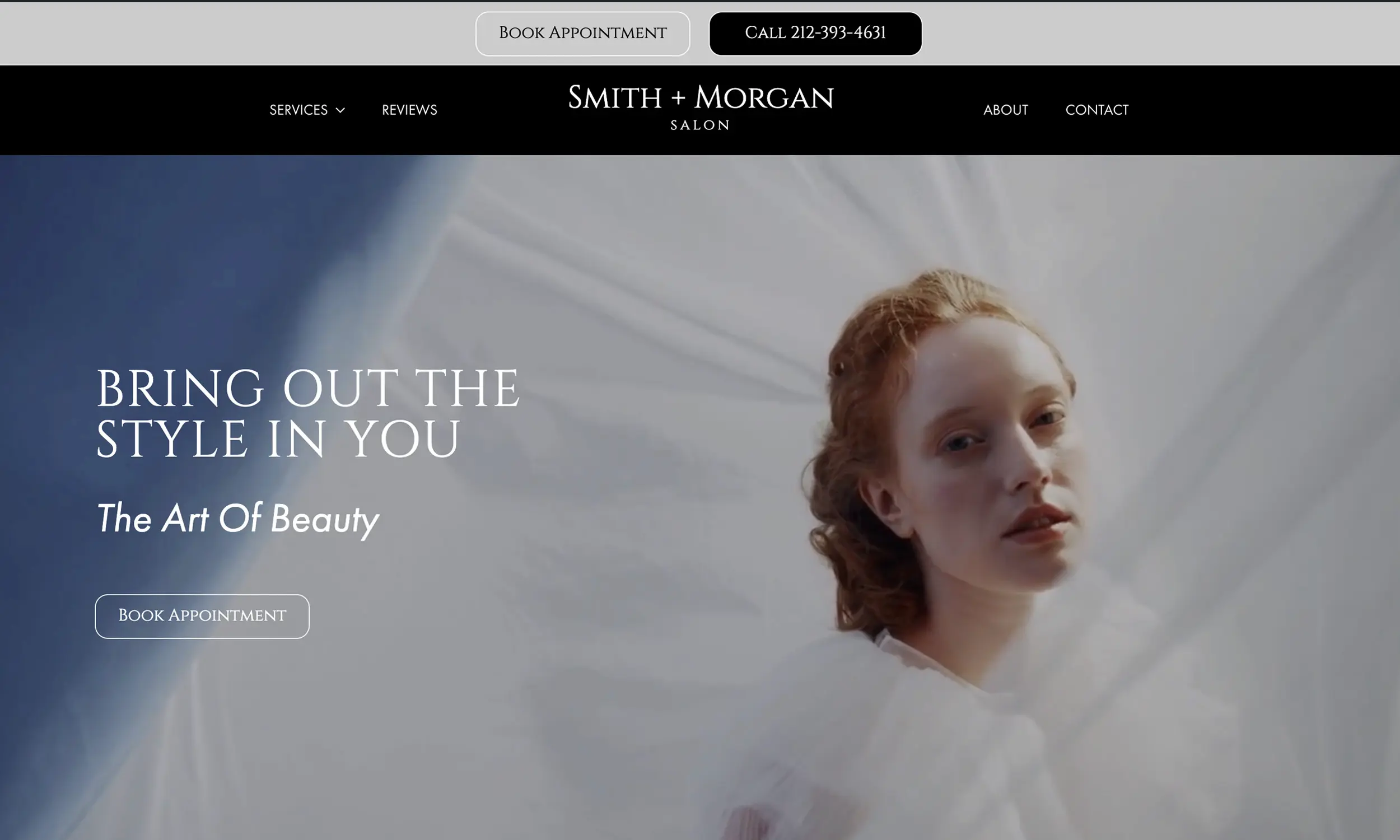 Homepage of Smith + Morgan Salon website showing a woman in soft lighting with text, "Bring out the style in you. The Art Of Beauty," plus options to book an appointment or request a hair salon business card.